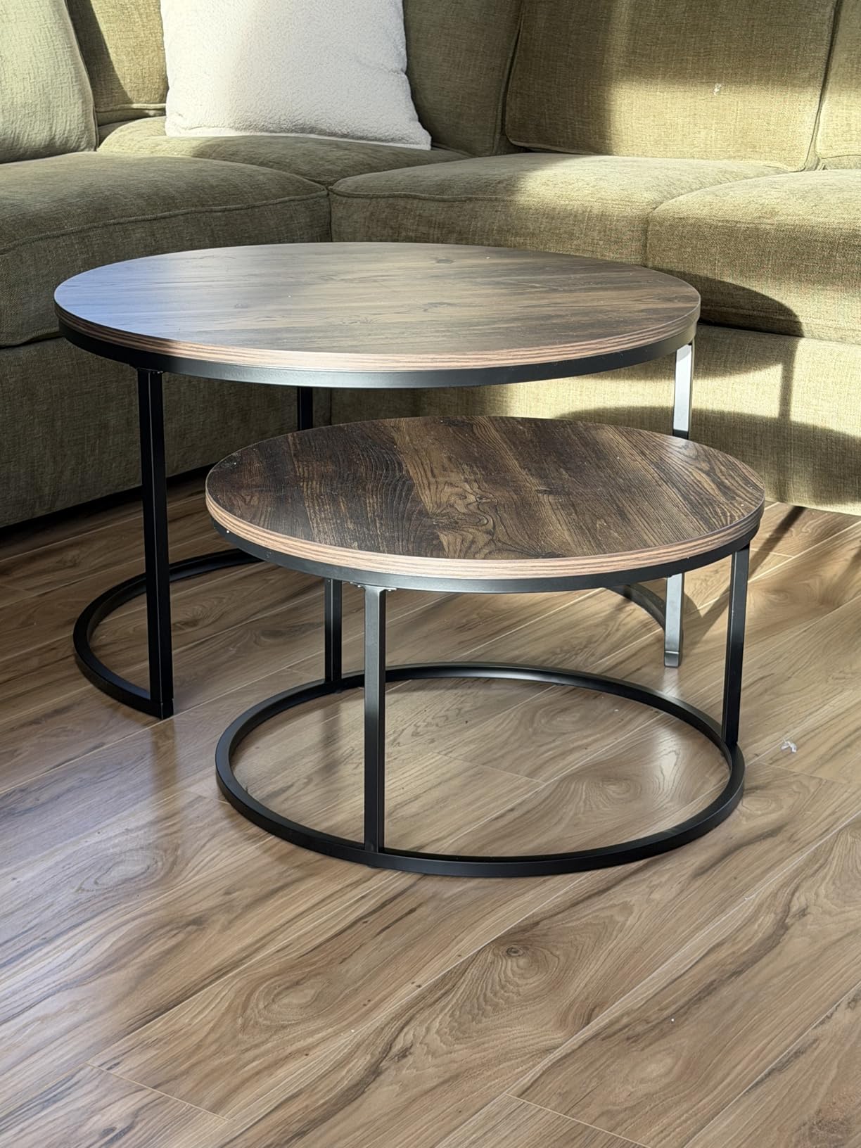 Nathan James Stella Round Modern Nesting Coffee Set of 2, Stacking Living Room Accent Tables, Industrial Wood Finish, Powder Coated Metal Frame, Warm Nutmeg/Matte Black customer photo 1