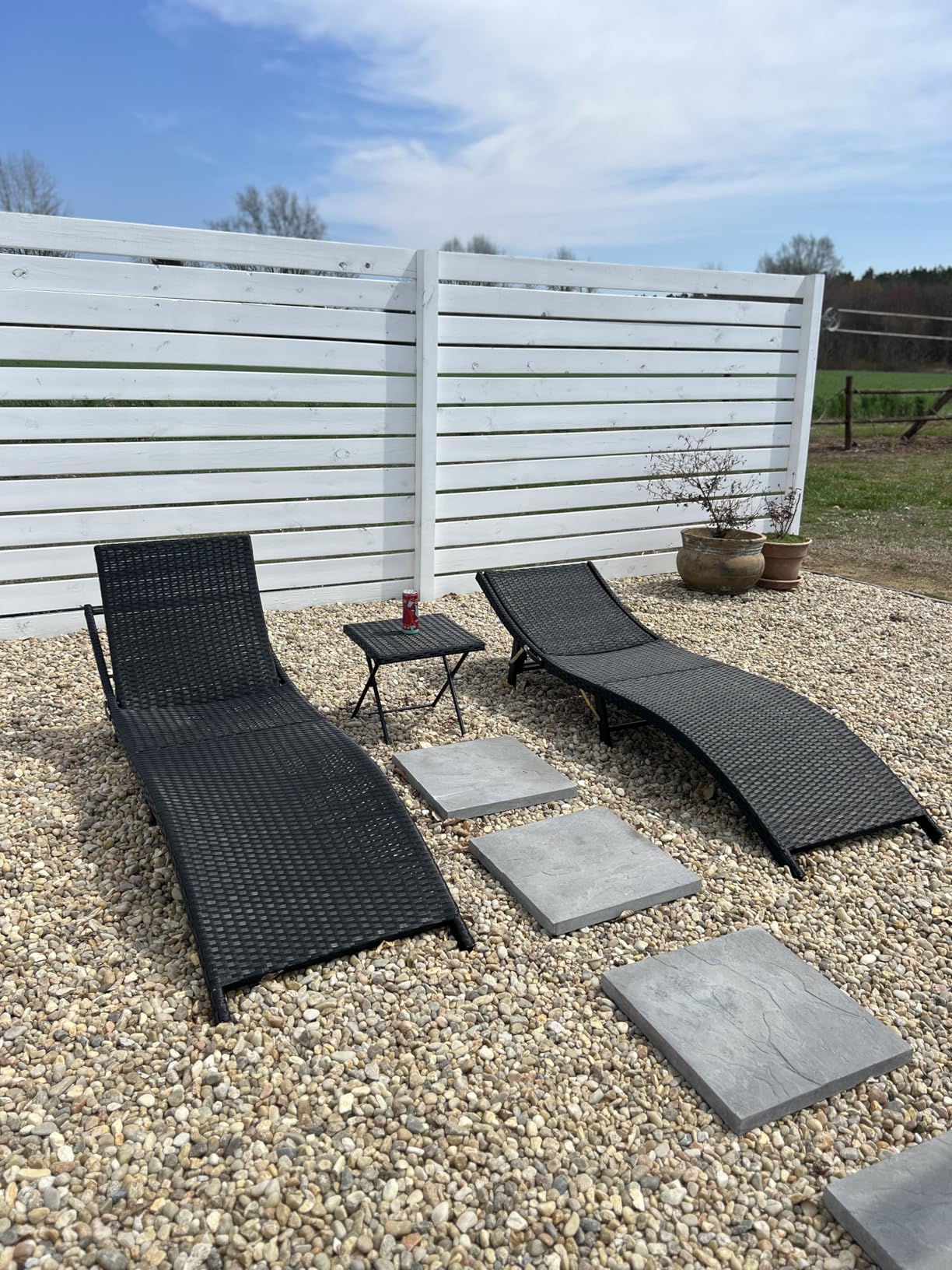 Devoko Patio Chaise Lounge Sets Outdoor Rattan Adjustable Back 3 Pieces Cushioned Patio Folding Chaise Lounge with Folding Table (Blue) customer photo 2
