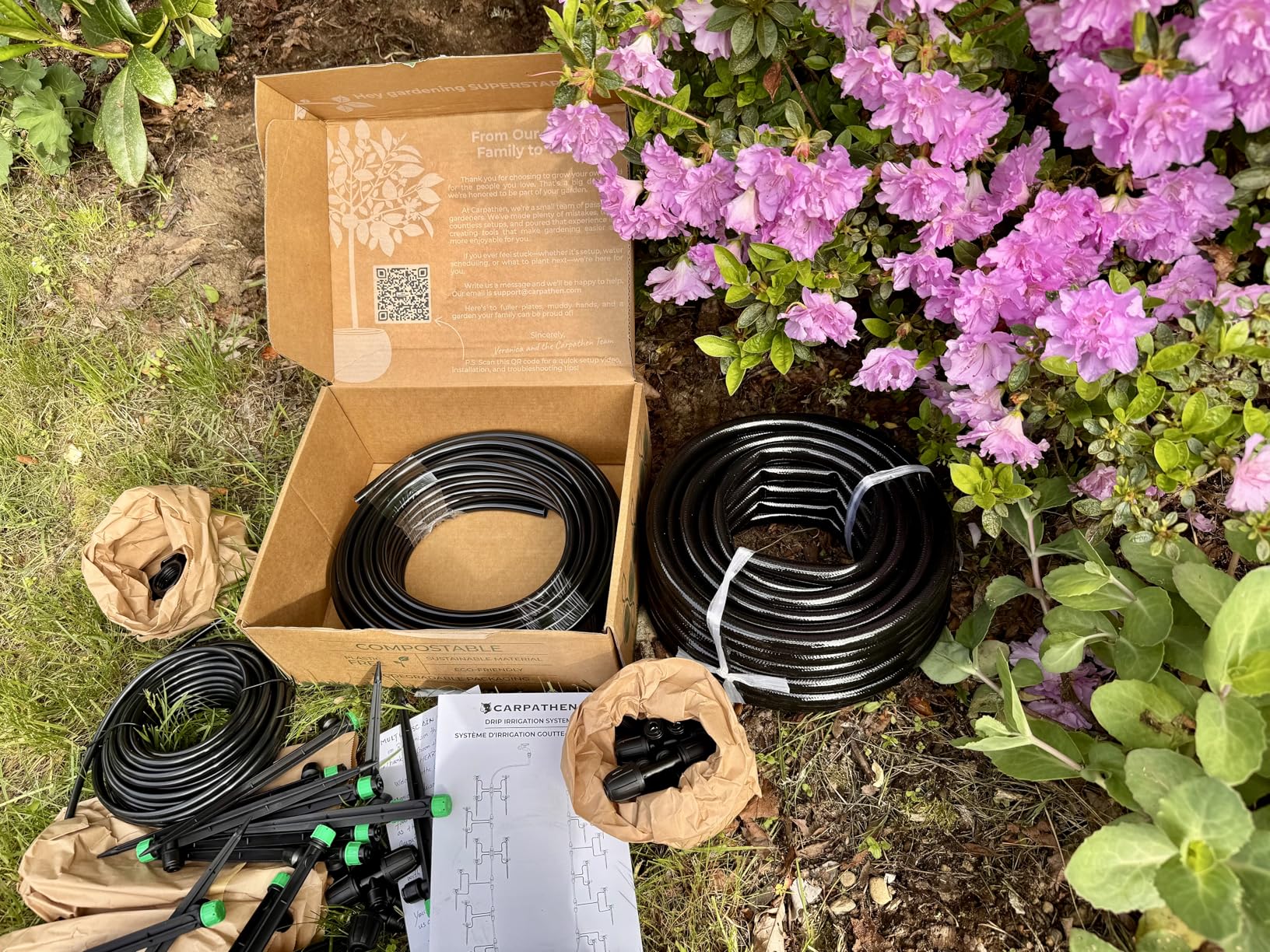 CARPATHEN Drip Irrigation System Kit for Garden Watering, Sprinkler, 100 ft | For Garden, Yard, Raised Beds, Plants, Lawn, with Barbed 5/16 Mainline + 1/4 Tubing + 30 Emitters, 20-45 PSI and up to 40 GPH customer photo 1