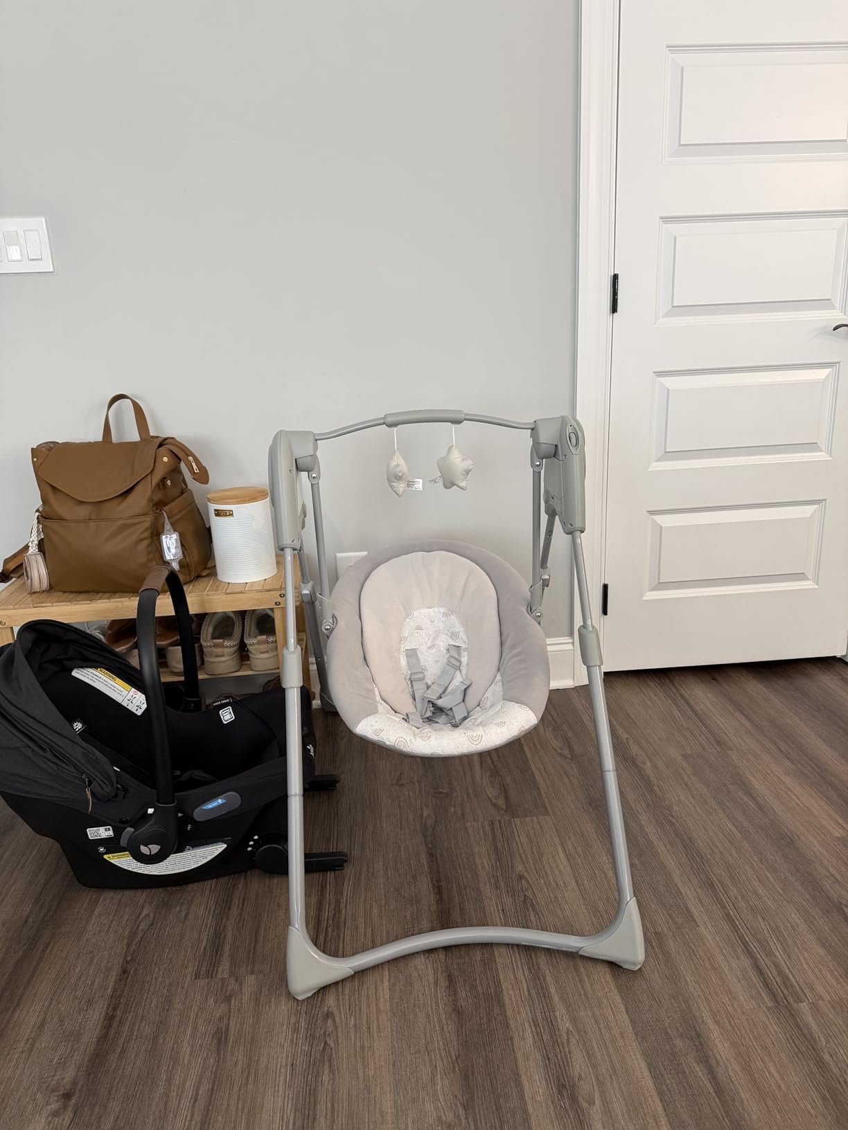 Graco Slim Spaces Compact Baby Swing, Space Saving Portable Baby Swing with Height Adjustable Legs & Soft Toys, Reign customer photo 1