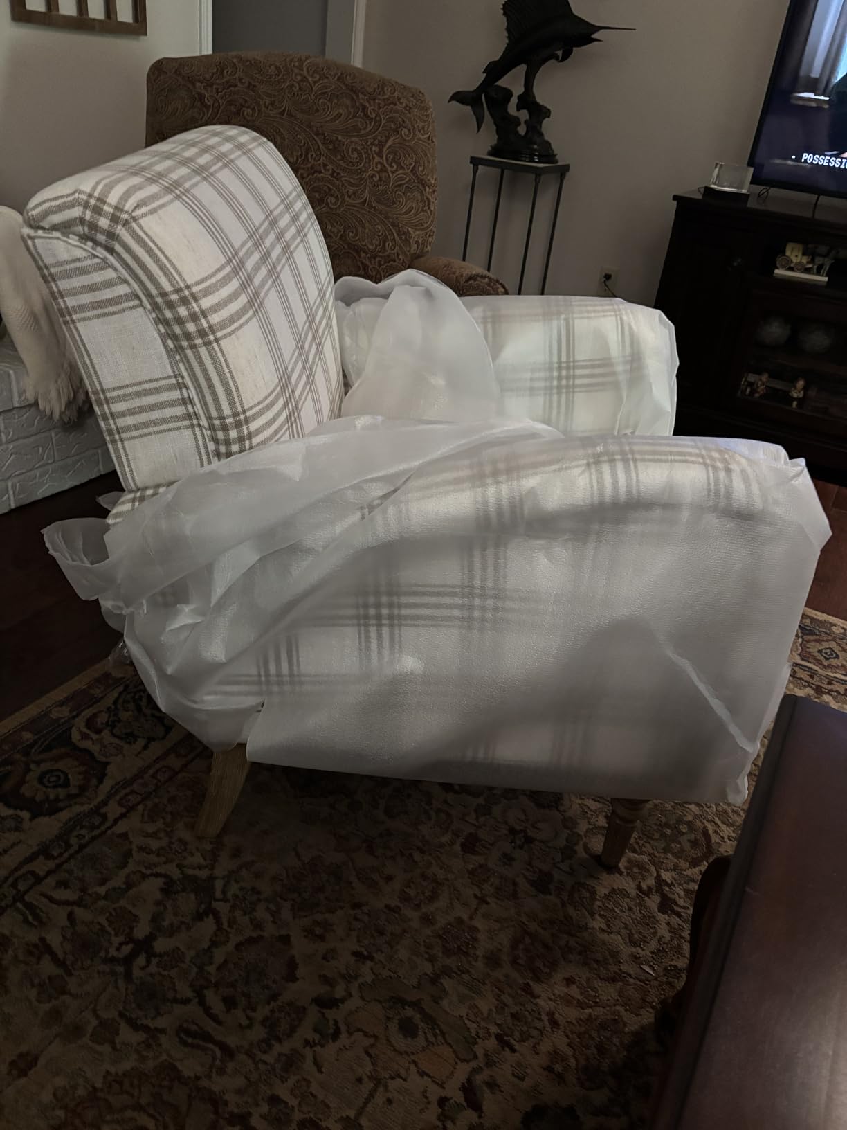 HULALA HOME Modern Accent Chair with Arms and Wooden Legs, Comfy Upholstered Armchair for Living Room, Bedroom (Plaid Pattern, Tan) customer photo 1