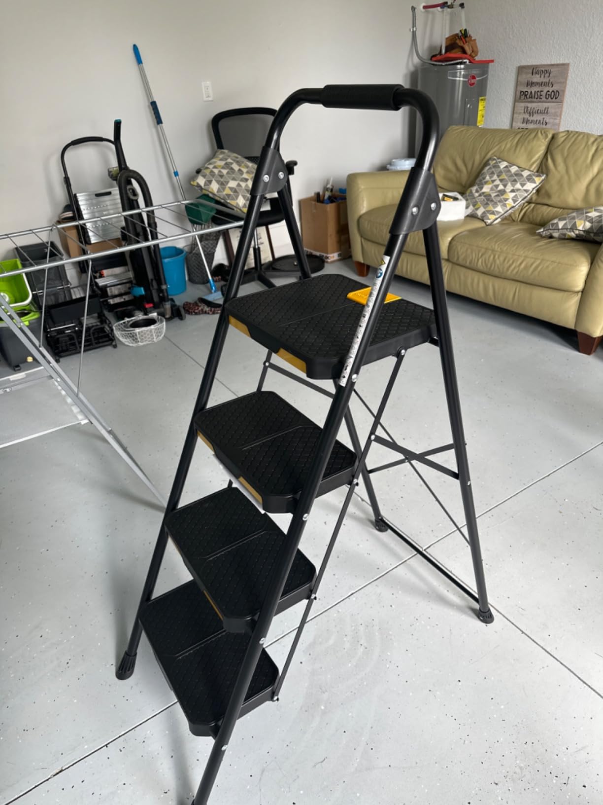 KINGRACK 4 Step Ladder, Sturdy Steel Step Stool with Safe-Lock Design, Handrail, Anti-Slip Wide Pedals, Pass 800lbs Load Testing, Folding Portable Ladder for Multi-Purpose, Home, Kitchen, Black customer photo 2