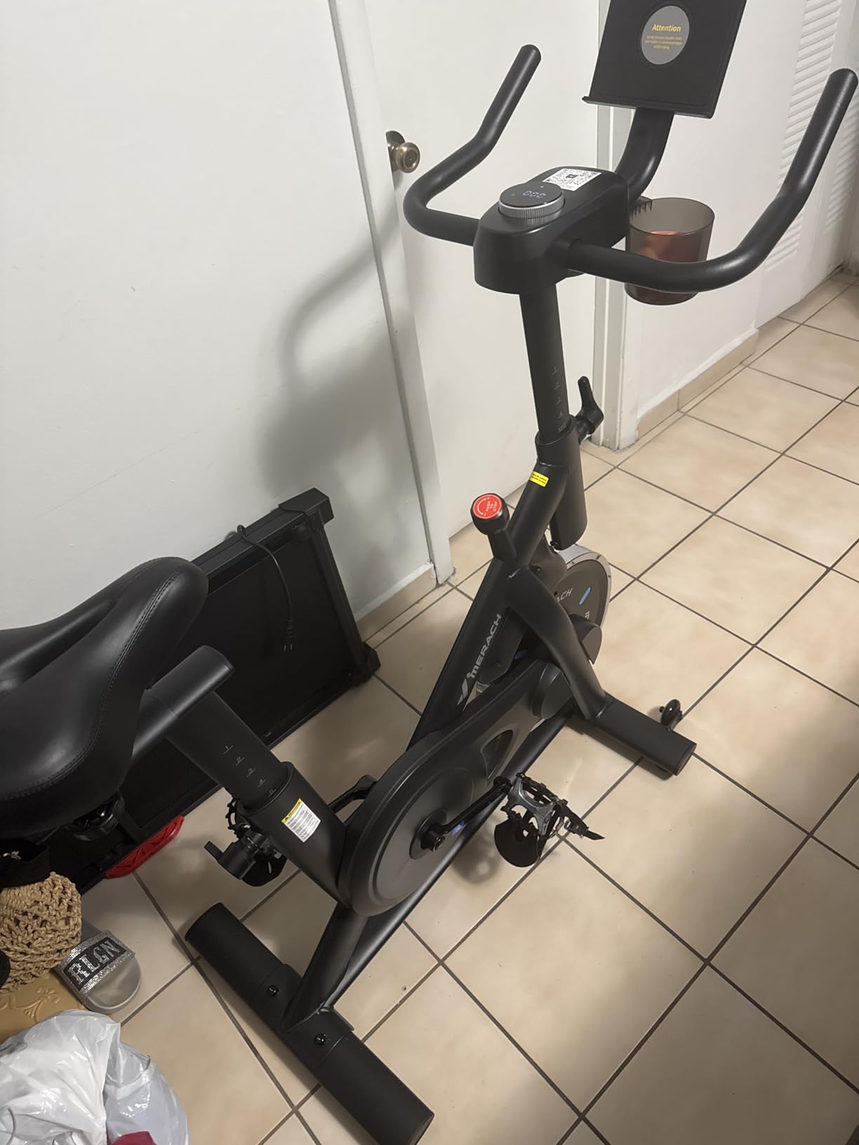 Merach Exercise Bike, Magnetic Friction Stationary Bike with Brake Pad and Exclusive App, Low Noise Indoor Cycling Bike with 300lbs Weight Capacity, Tablet Mount and Fitness Courses for Weight Loss customer photo 1