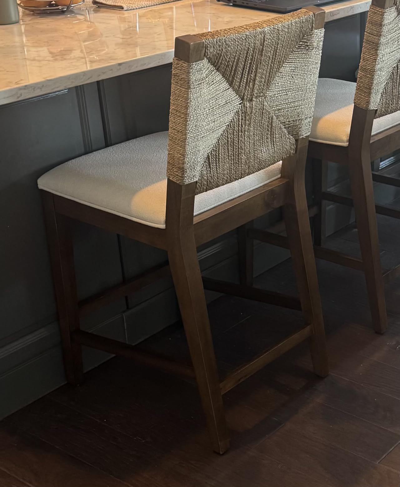 Nathan James Beacon Bohemian Boucle Bar Stool, Upholstered Counter Height Chair with Solid Wood Frame and Woven Seagrass Back for Kitchen Island, Light Brown/Seagrass/Cream Boucle customer photo 2