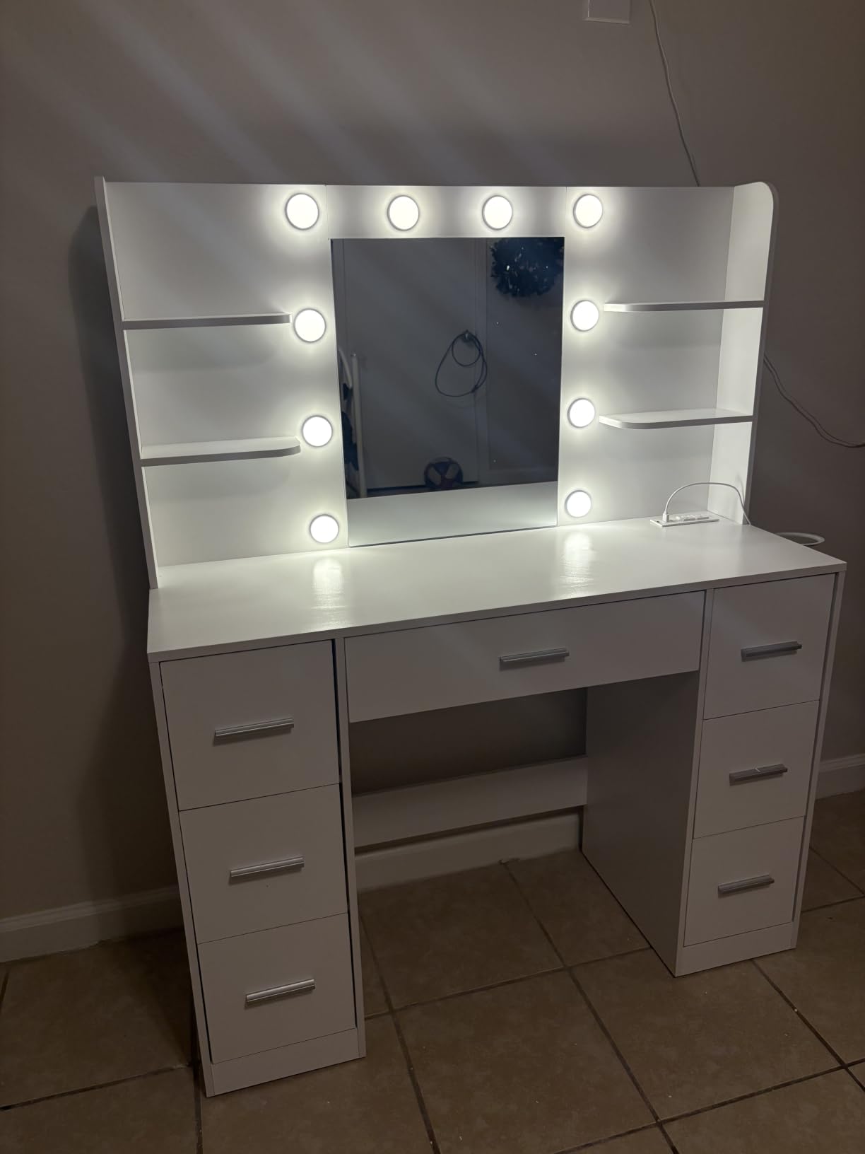 YESHOMY Vanity Desk with Mirror, Power Outlet and 10 Lights, Makeup Table with 7 Drawers, 3 Color Modes Available for Bedroom, Pure White customer photo 1