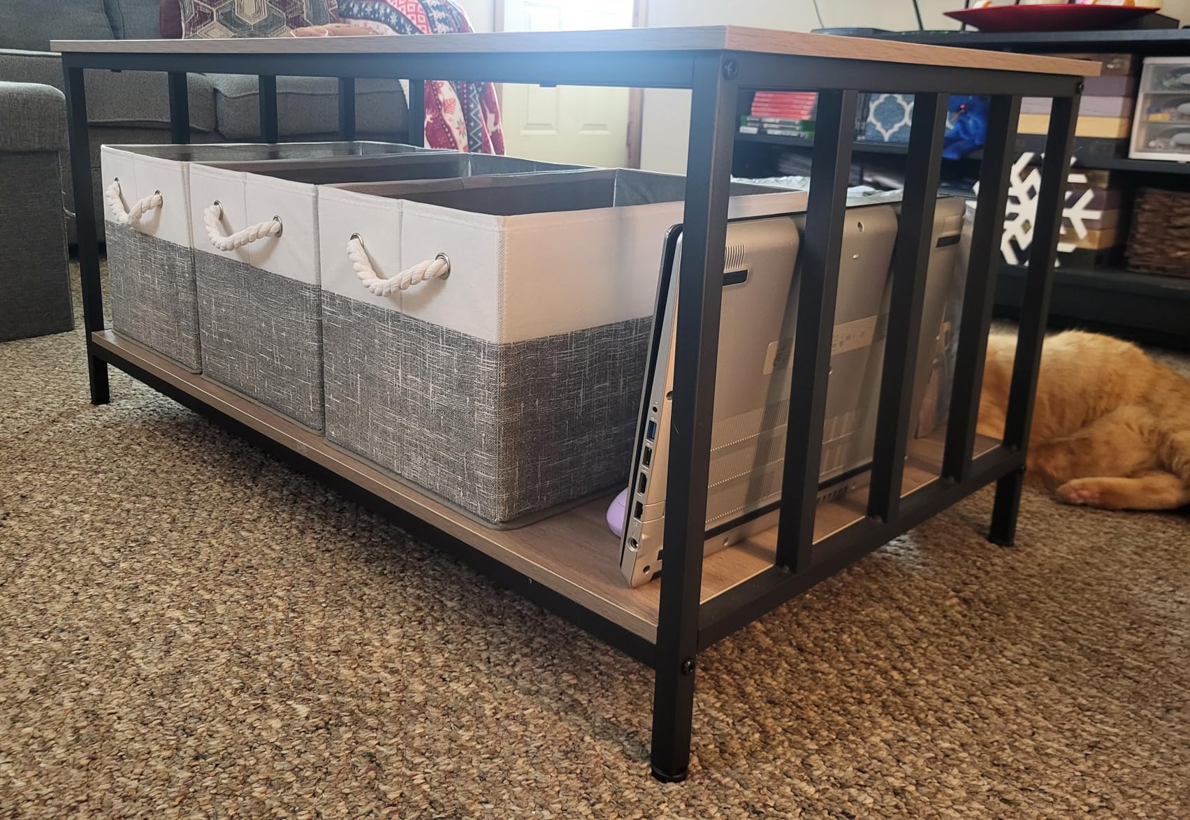 Homeiju Coffee Table for Living Room with Slatted Sides Frame, Modern Farmhouse Living Room Table with 2-Tier Storage Shelf, Grey Wash, 39 inch customer photo 2