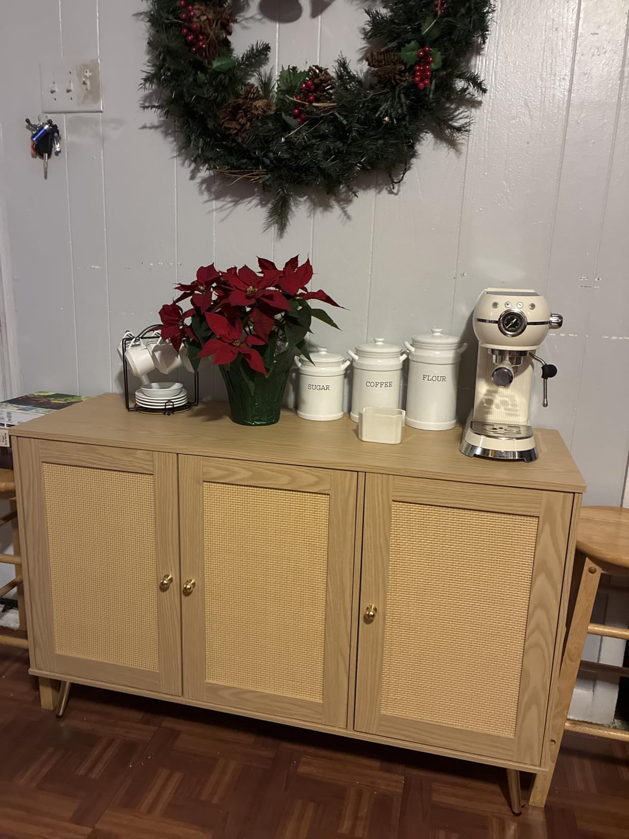 JAMFLY Buffet Sideboard Cabinet with Set of 2 Storage, Kitchen Storage with 3 Rattan Decorated Doors, Accent Cabinet for Dining Room, Living Room, Entryway, Hallway, Natural customer photo 1