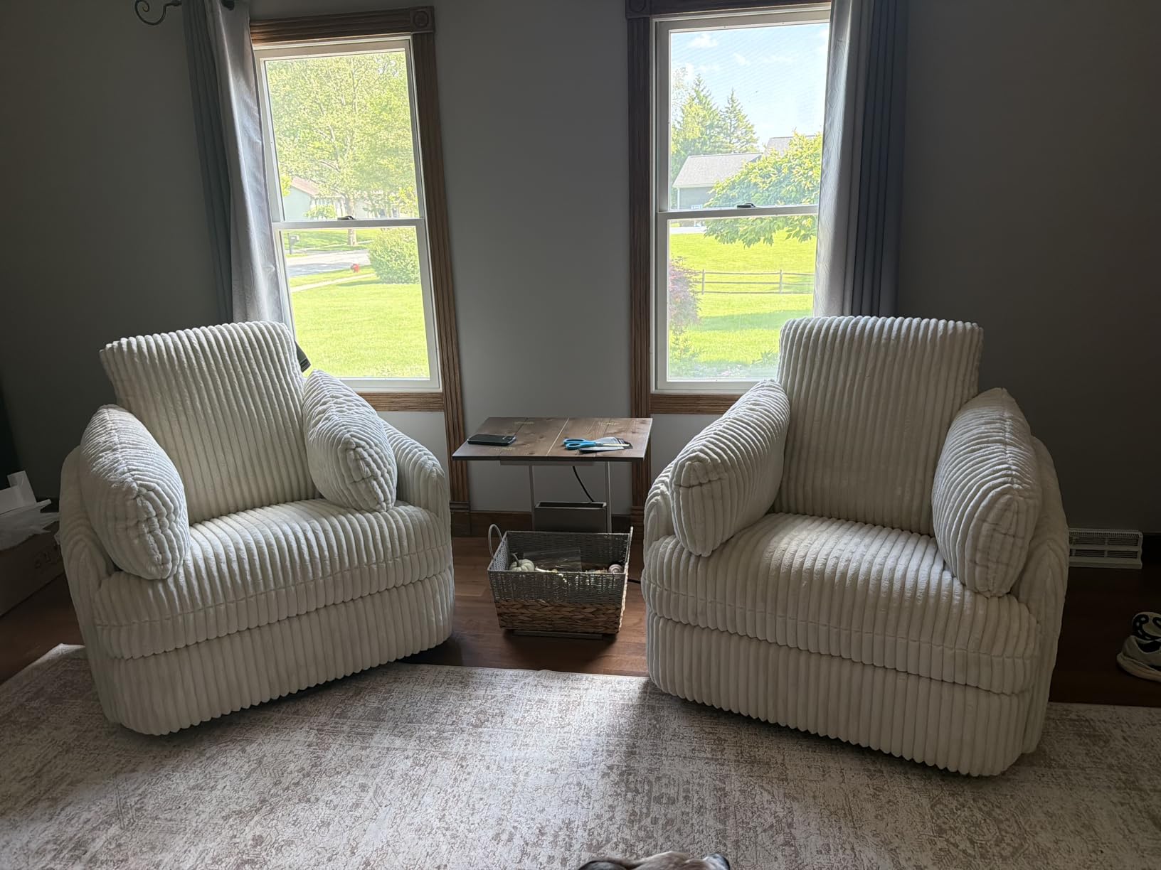 Signature Design by Ashley Tie-Breaker Cozy Contemporary Manual Press-Back Swivel Glider Rocker Recliner with 2 Bolster Pillows and Hidden Storage, White customer photo 2
