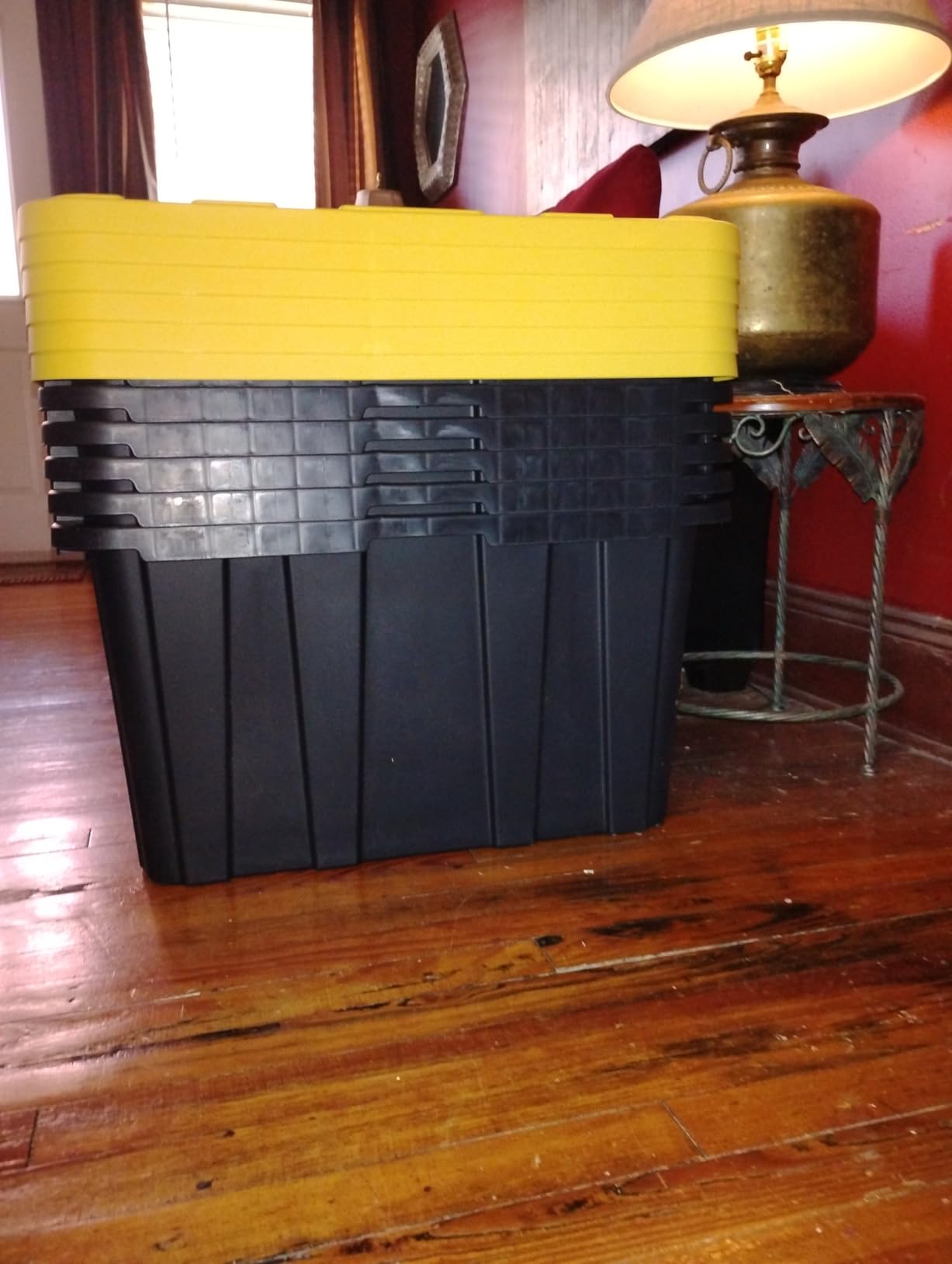 Sterilite 17 Gal Industrial Tote, Stackable Storage Bin with Snap-Fit Lid for Garage, Basement & Attic Storage, Black Base and Yellow Lily Lid, 6-Pack customer photo 1