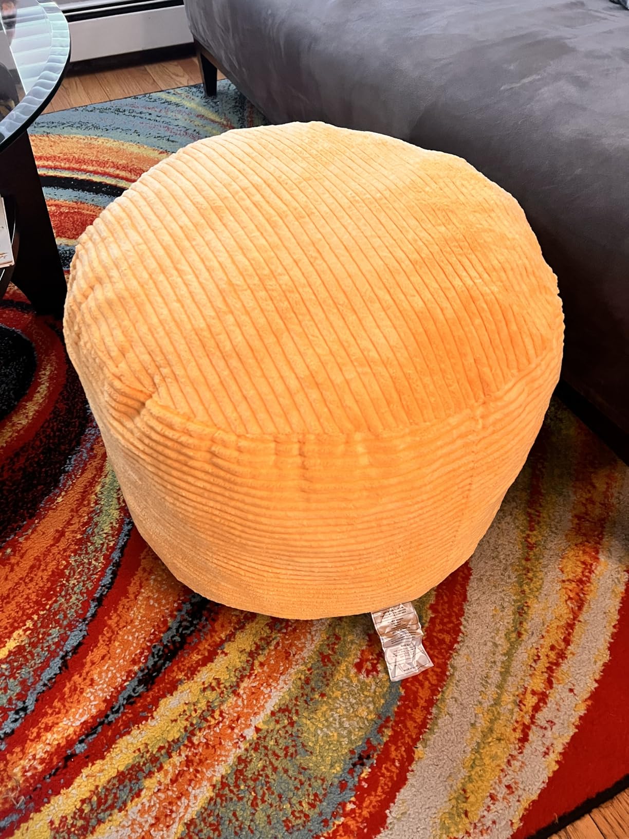 HIGOGOGO Round Stuffed Pouf Ottoman, Corduroy Poufs with Foam Chunk Filling, Furry and Fluffy Pouf Foot Stool Storage Ottoman, 20 X 15 Floor Poufs Foot Rest for Living Room, Dark Grey customer photo 2