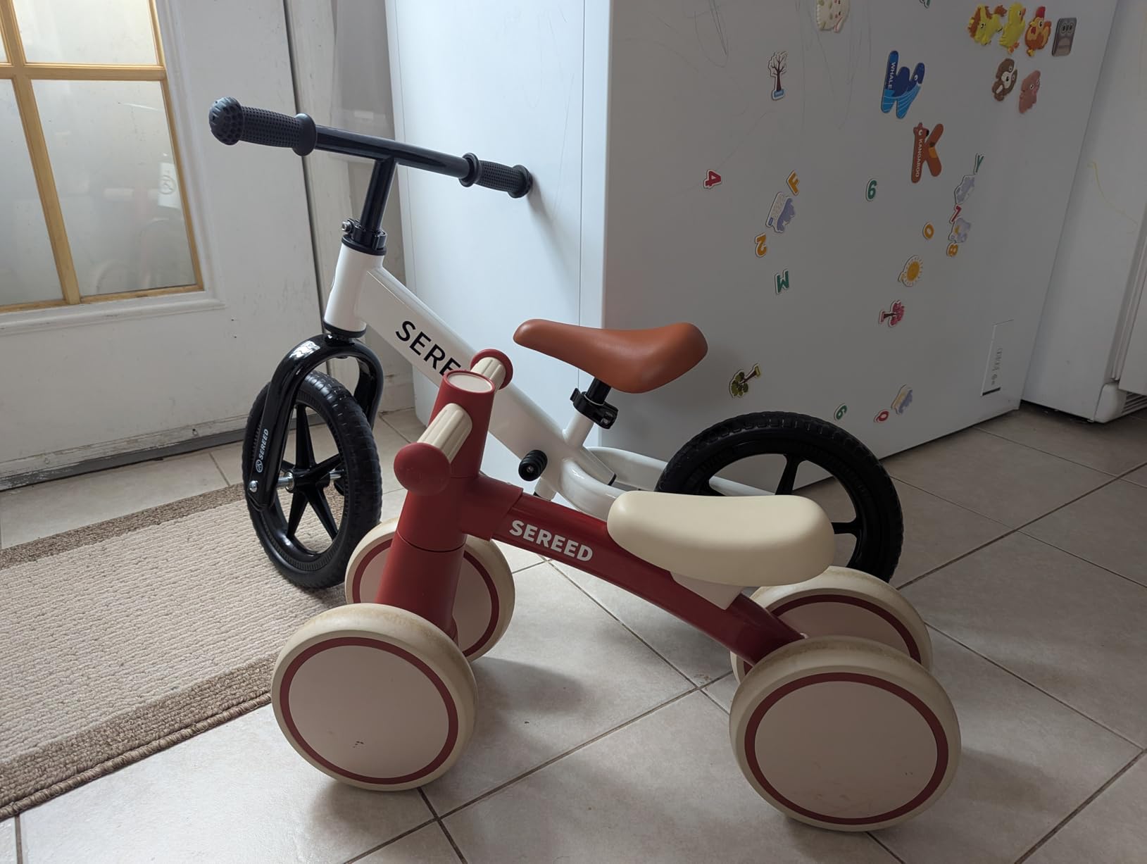 SEREED Toddler Balance Bike 2 Year Old, No Pedal Kids Toy Bike for 2-5 Years Old, Tool-Free Adjustment, Gift for 2-3 Boys Girls, Customize Plate with 3pcs Stickers (White) customer photo 2