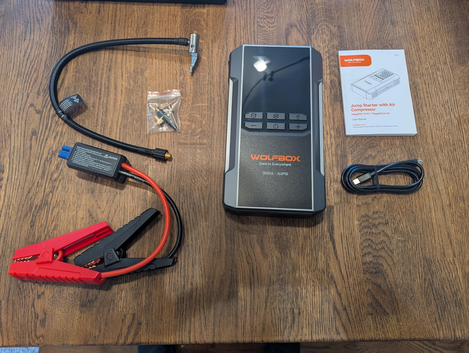 WOLFBOX 3000A Jump Starter with Air Compressor, 59.2Wh&160PSI Portable Car Battery Jump Starter with 65W Fast Charging, 12V Battery Pack (8L Gas 6L Diesel Engine) with Boost, Light and Jumper Cables customer photo 2