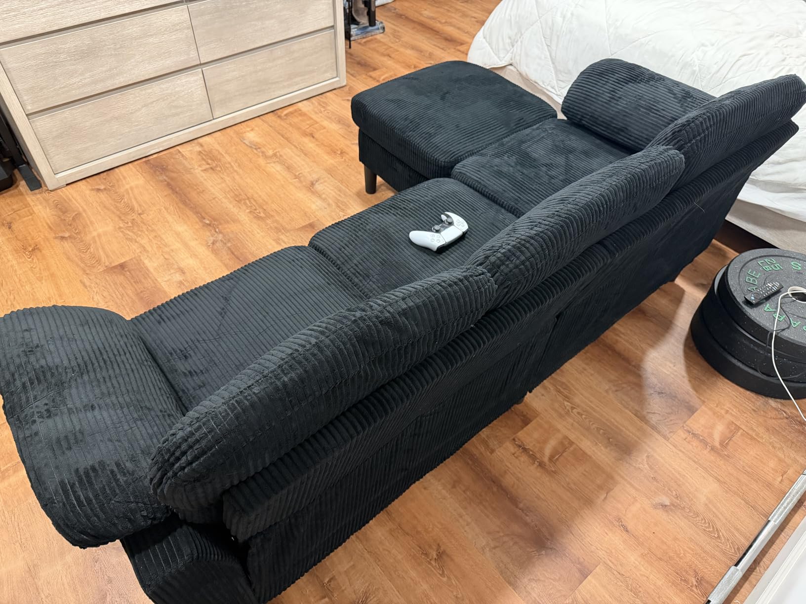 Vongrasig Convertible Sectional Couches, 3 Seat L Shaped Couch Sofa with Removable Pillows Soft Corduroy Fabric Small Couch Mid Century for Living Room, Apartment and Office, Black customer photo 1