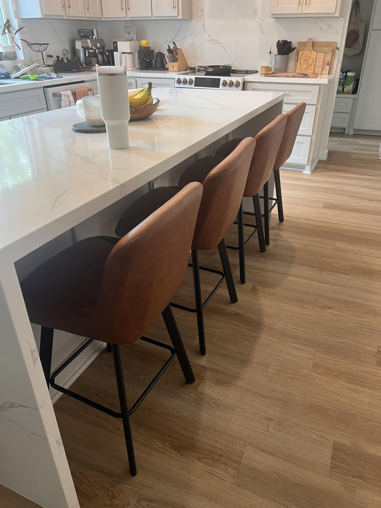 SAECKBERG Swivel Bar Stools Set of 3, 26''H Upholstered Barstools with Backs, Modern Counter Height Bar Stool Chairs for Kitchen Island, Metal Legs, Faux Leather, Brown Counter Stools customer photo 2