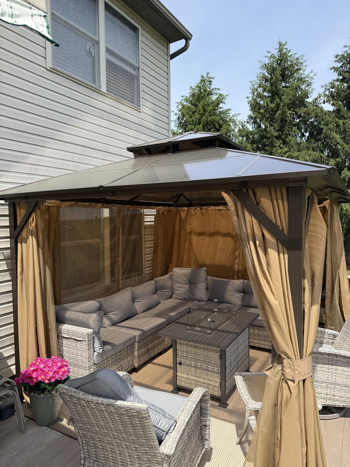 Aoxun 12'x10' Hardtop Gazebo with Polycarbonate Double Roof, Brown | Metal Frame Outdoor Permanent Pavilion with Breathable Netting and Privacy Curtain for Garden, Lawns, Patio customer photo 2