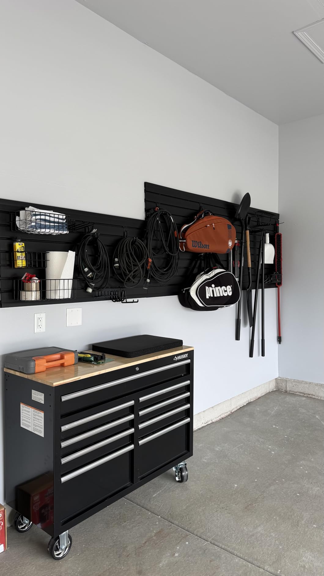 FRAYSCENT Slat Wall Paneling Garage Slat Wall Storage Systems Slatwall Panels Power Tool Organizer Wall Mount, PVC Garage Storage (Black, 4ft x 8ft with 15 Hooks) customer photo 1