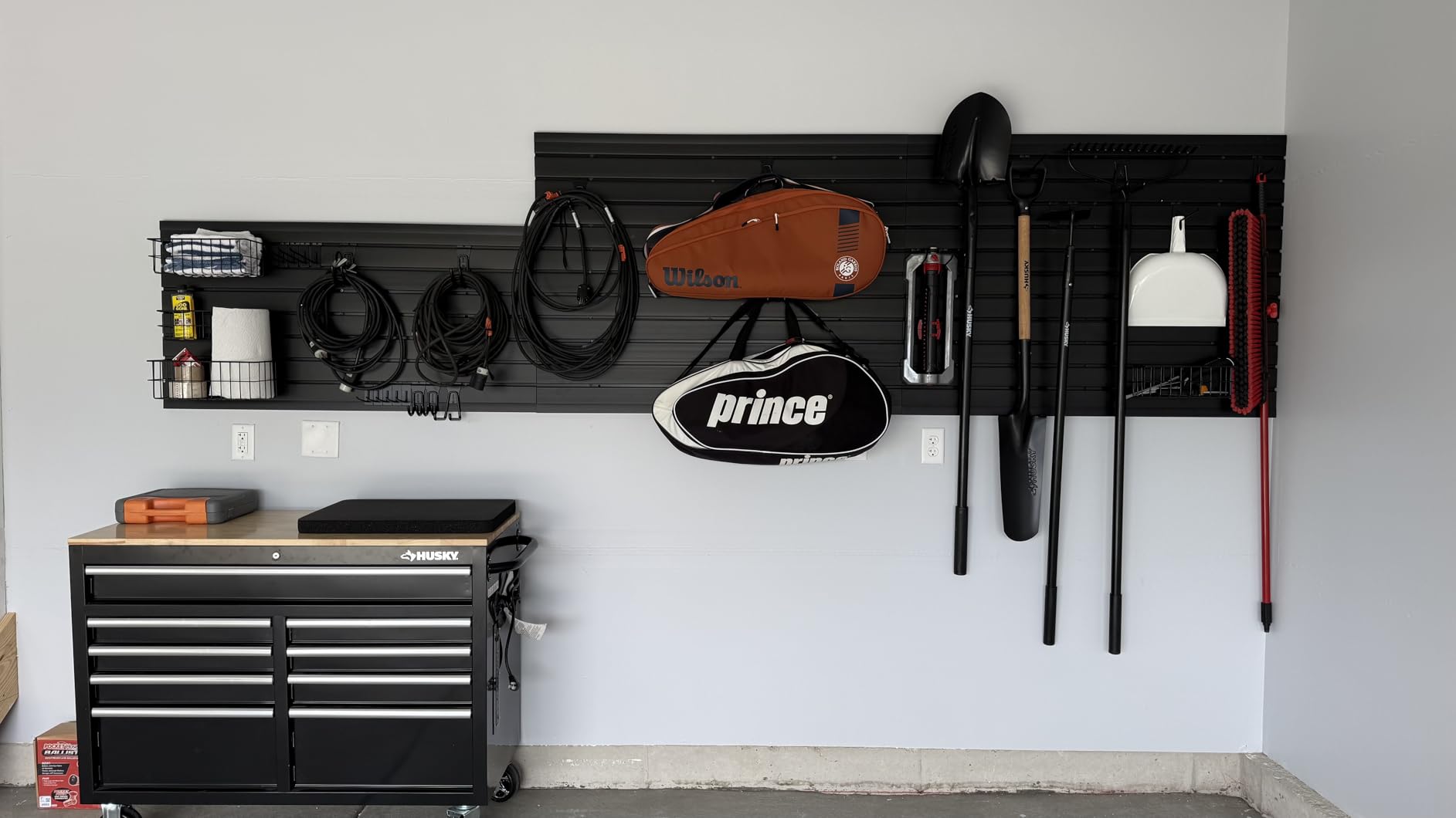 FRAYSCENT Slat Wall Paneling Garage Slat Wall Storage Systems Slatwall Panels Power Tool Organizer Wall Mount, PVC Garage Storage (Black, 4ft x 8ft with 15 Hooks) customer photo 2