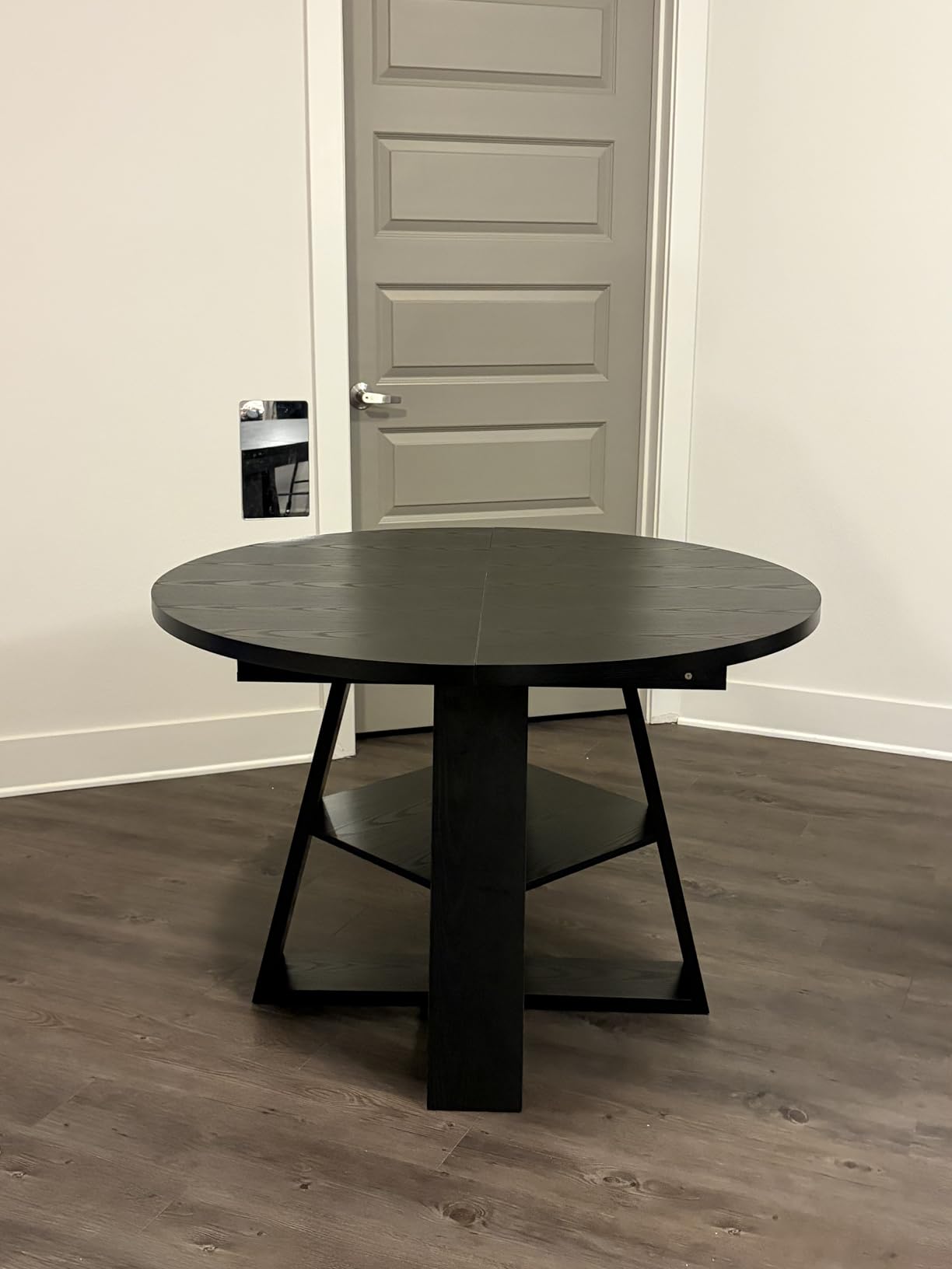 43.3in-59in Extendable Round Dining Table for 4-8, Modern Kitchen Oval Dining Table with Removable Leaves Space Saving, Wood Base with Storage Shelf (Black) customer photo 1