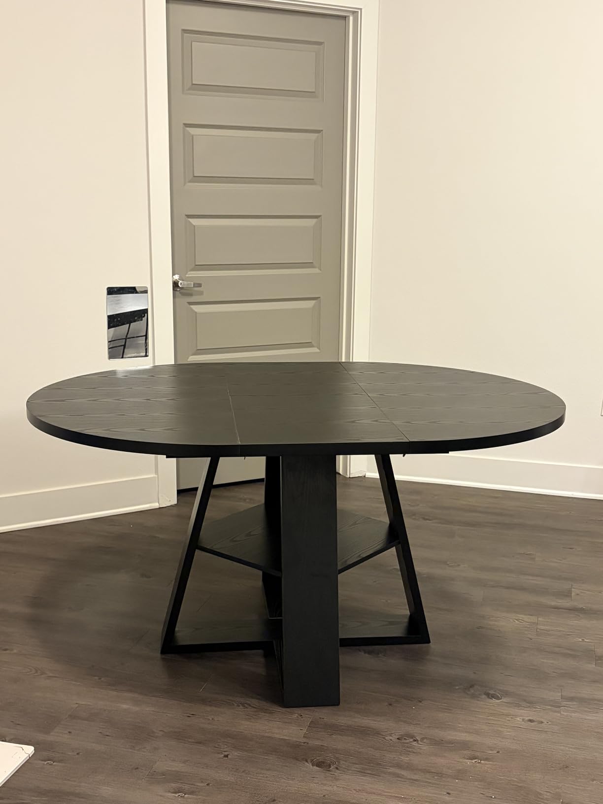 43.3in-59in Extendable Round Dining Table for 4-8, Modern Kitchen Oval Dining Table with Removable Leaves Space Saving, Wood Base with Storage Shelf (Black) customer photo 2