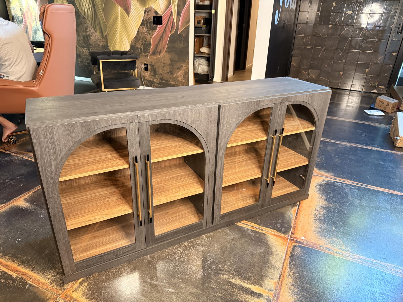 BELLEZE 65 Inch Fluted Buffet Cabinet with Storage, Symmetrical Arc Accent Sideboard Large Console Table for Dining Room, Kitchen, and Living Room (Caramel Brown) customer photo 1