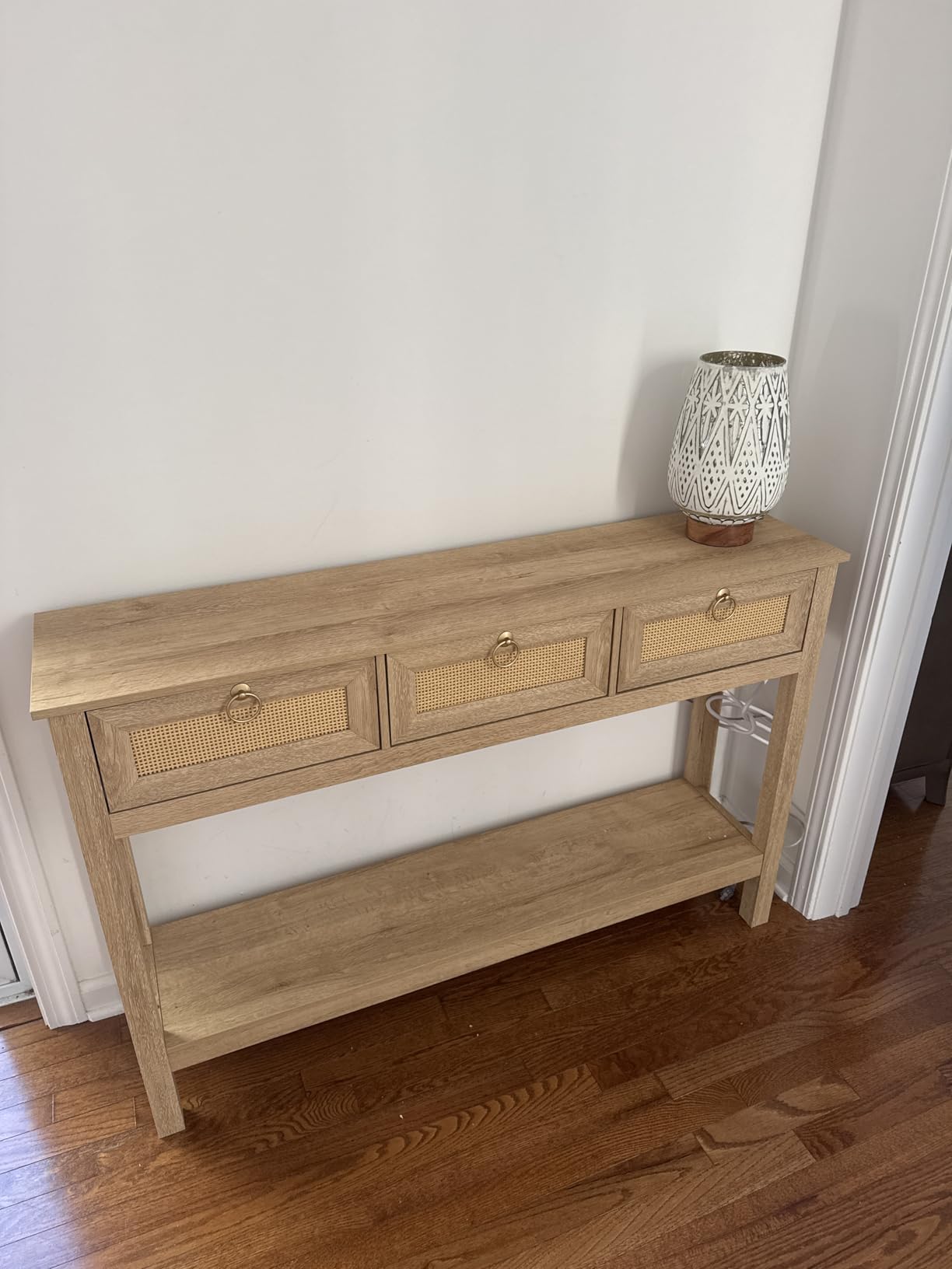 SUPERJARE Rattan Console Sofa Table with Outlets and USB-C Port, 3 Drawer Entryway Table with Synthetic Rattan Surface, Open Shelf, Behind Couch Entry Foyer Hallway Storage, Natural customer photo 2