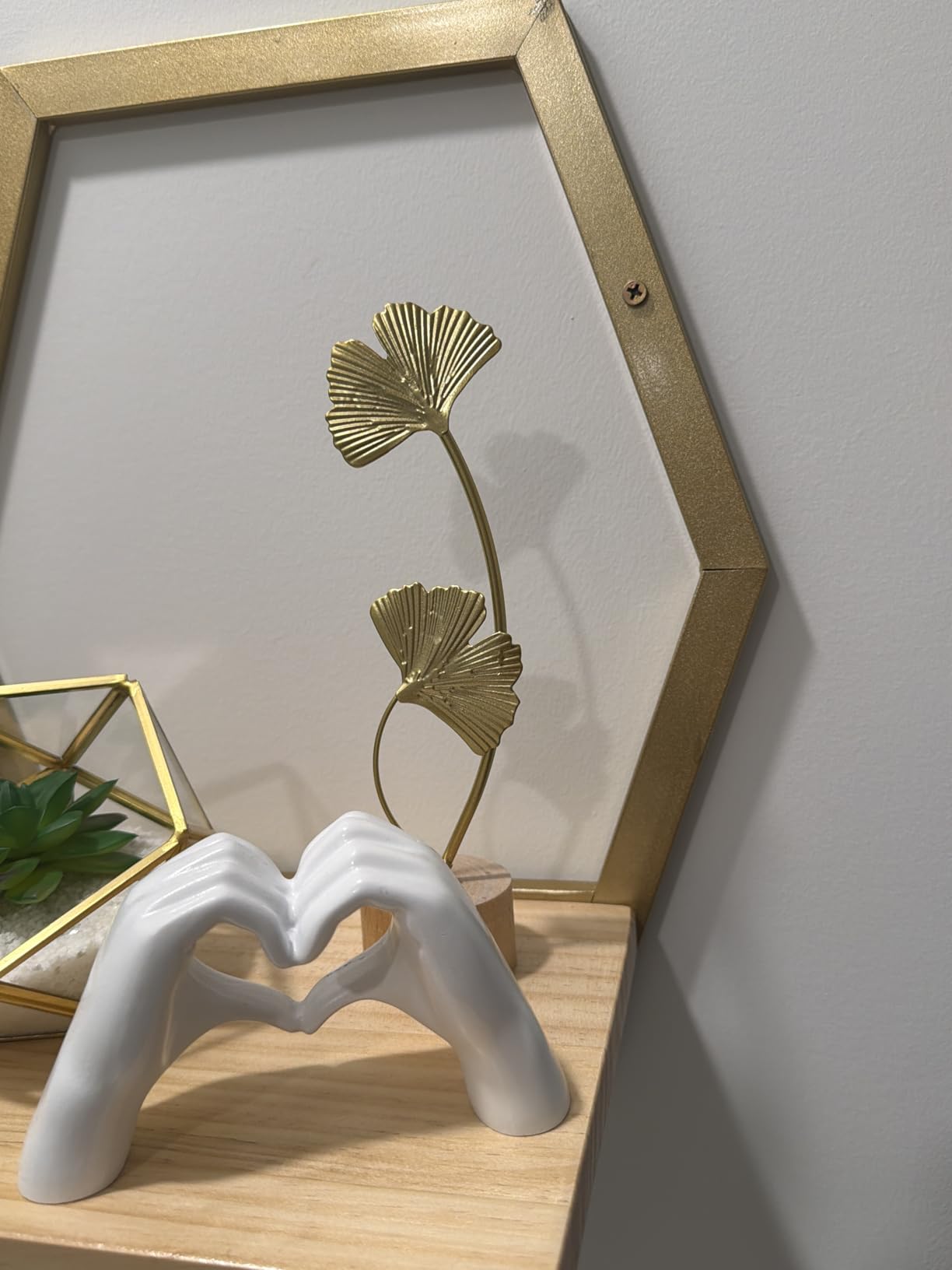 Gold Leaf Home Decor Set - Metal Leaves Statues, Modern Artistic Sculptures for Living Room, Office, Shelf & Home Decorative, Handmade 3D Botanical Accents (Monstera, Feather, Ginkgo, 3PCS) customer photo 2