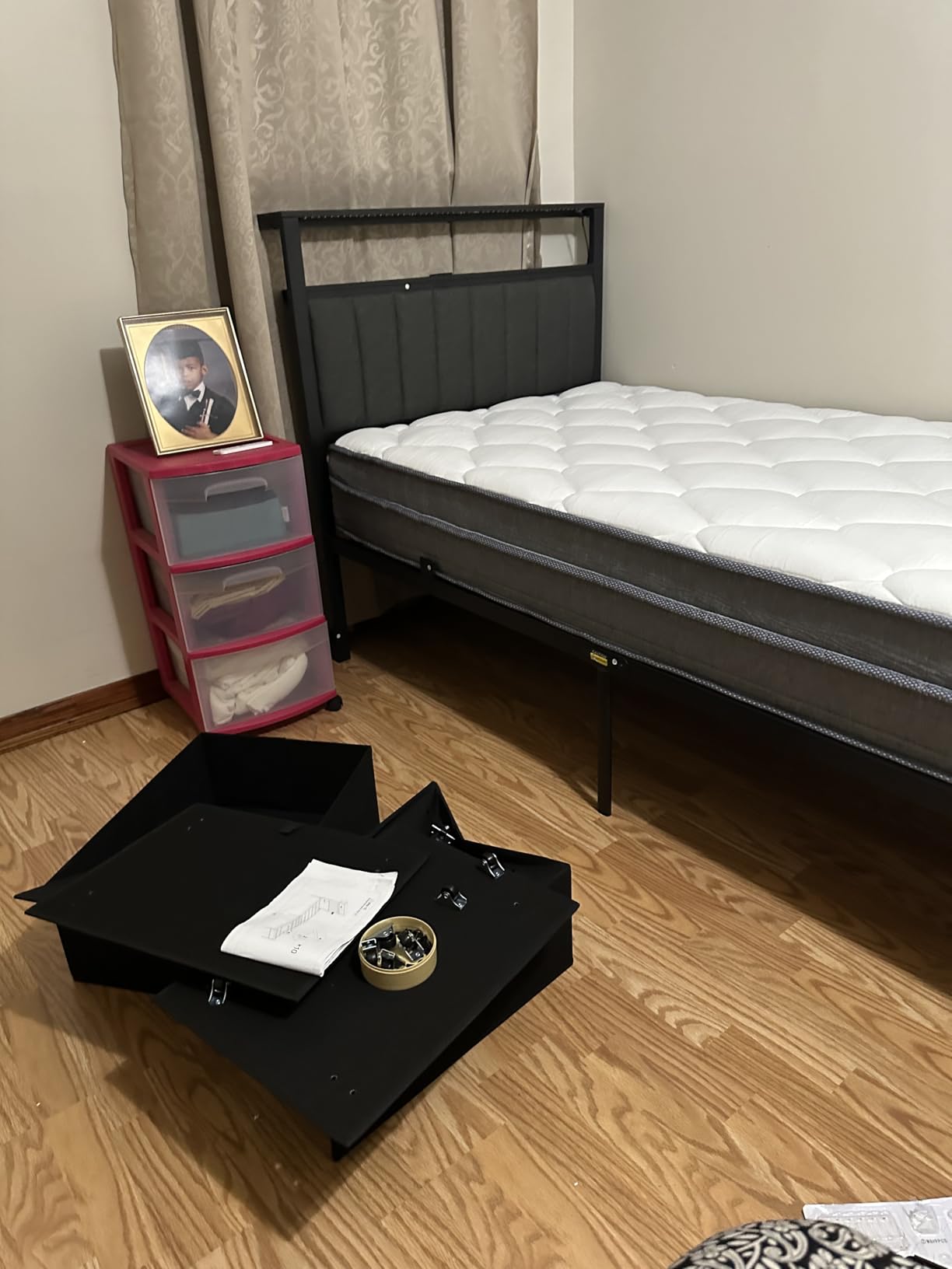 Furnulem Queen Bed Frame with Charging Station and LED Lights, Grey Upholstered Headboard with Shelves, Metal Platform Bed with 2 Under-Bed Storage Drawers on Wheels, No Box Spring Needed customer photo 1