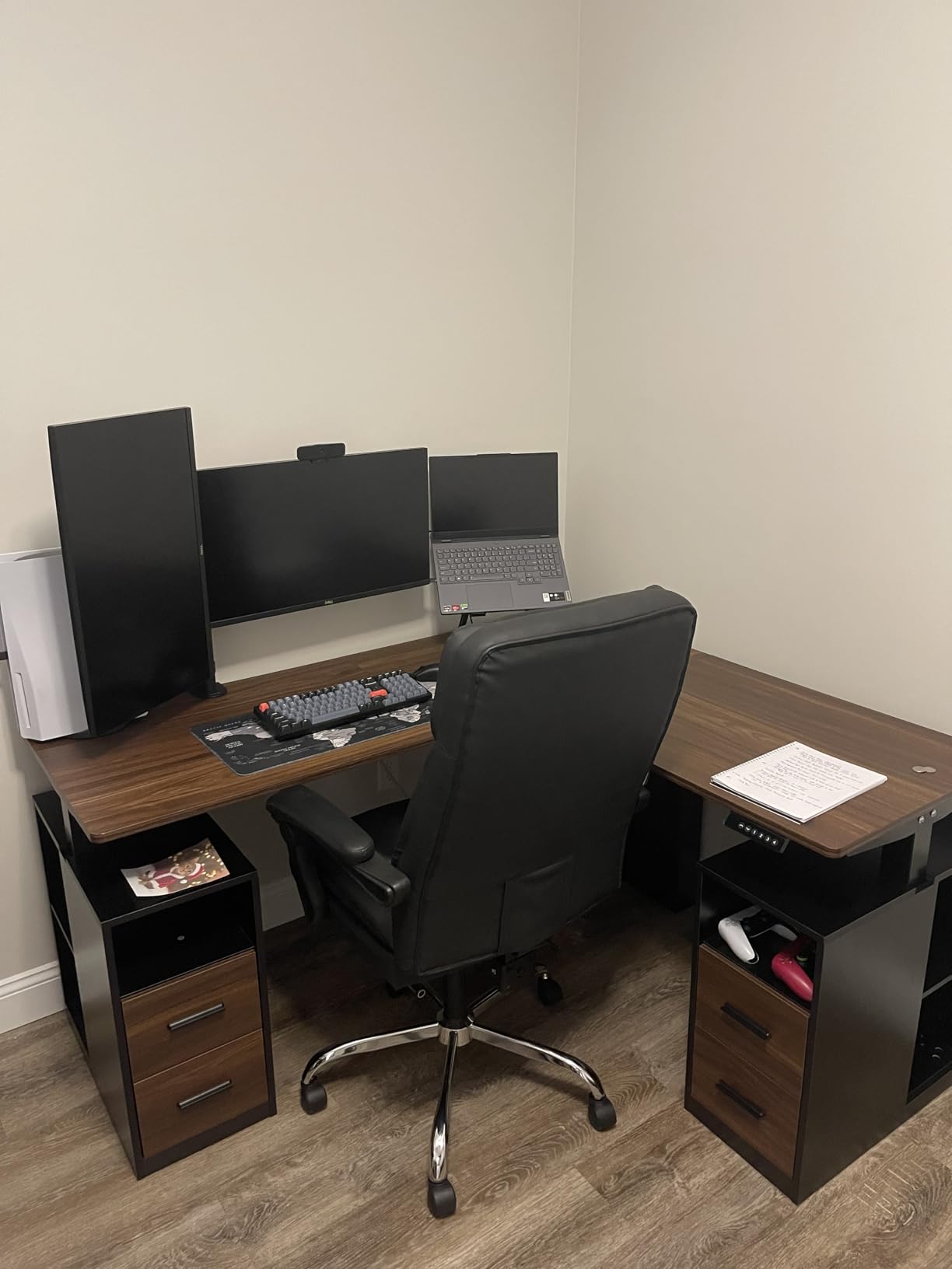 HUANUO 63 Inch L Shaped Standing Desk, Electric Executive Height Adjustable Desk with Storage Drawers, Reversible Design Computer Workstation for Home Office, Black Walnut customer photo 1