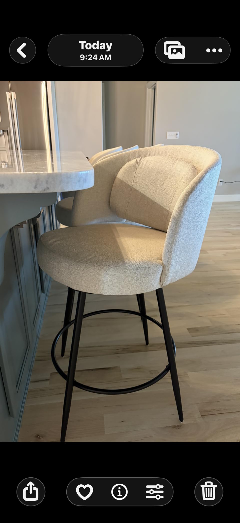 LUE BONA 26''H Swivel Bar Stools Set of 3, Counter Height Bar Stools with Backs, Lumbar Pillow and Black Metal Frames, Upholstered Modern Barstools for Kitchen Island, Linen Fabric customer photo 1