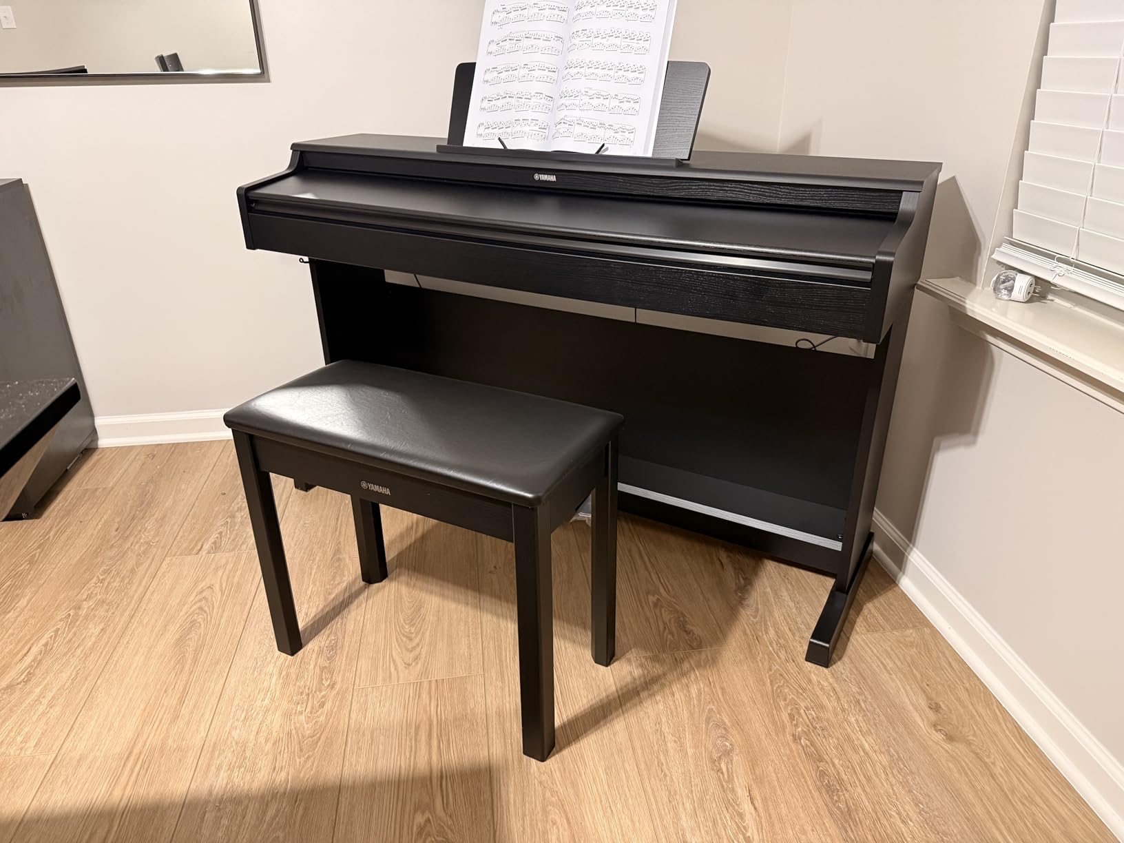Yamaha YDP105 88-Key Weighted Action Upright Digital Piano for Beginner and Intermediate Players, Grand Piano Sound, 3-pedal Unit, Bench Included, White customer photo 1