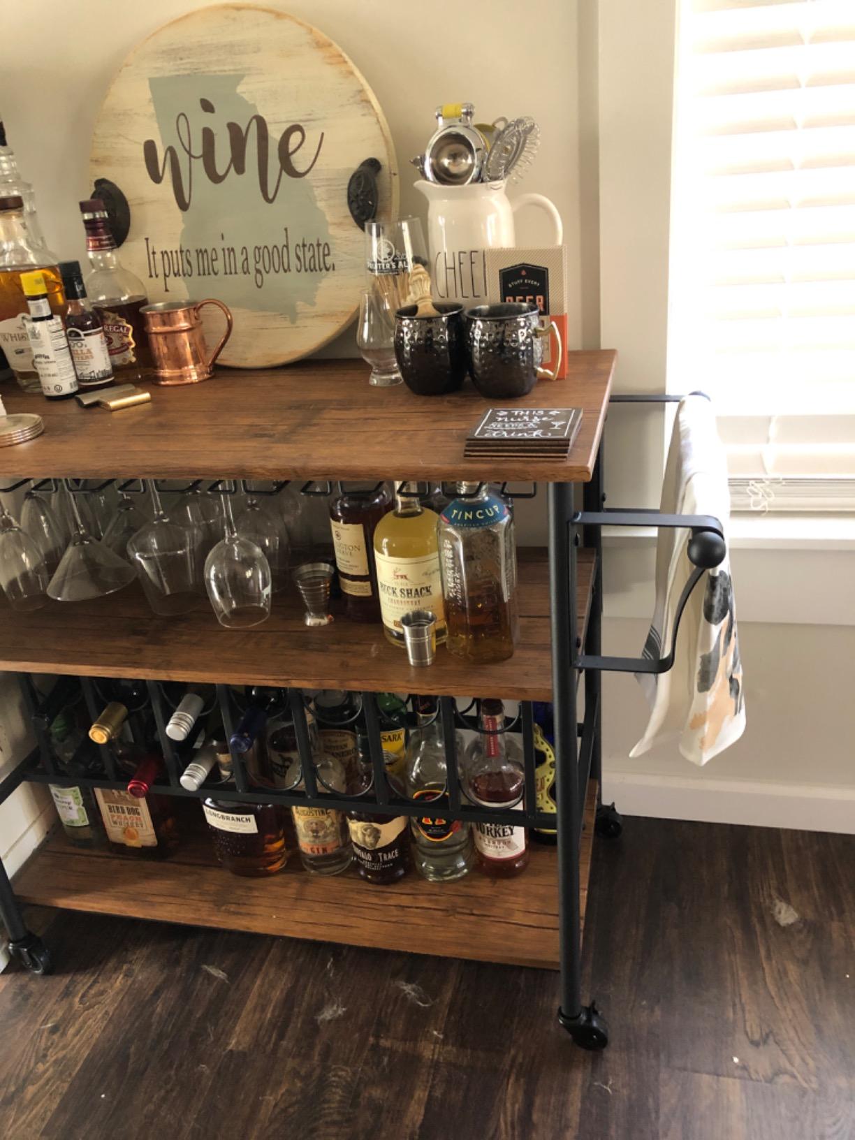 Best Choice Products 45in Industrial Wood Shelf Bar and Wine Storage Service Cart Trolley w/ 14 Bottle and 18 Glass Racks, Locking Caster Wheels customer photo 1