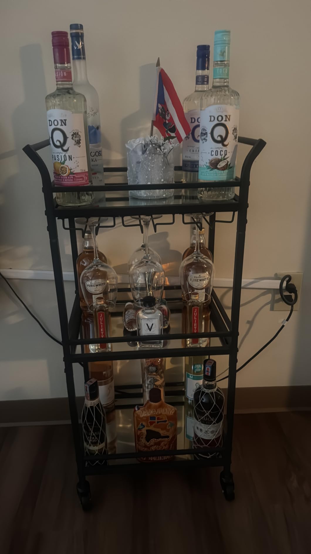 VASAGLE Bar Cart, Home Bar Serving Cart, Small Bar Serving Cart with 3-Tier Shelf, Wine Holders, Glass Holders, Mini Bar Cart for Small Spaces, Kitchen, Dining Room, Living Room, Pale Gold customer photo 1
