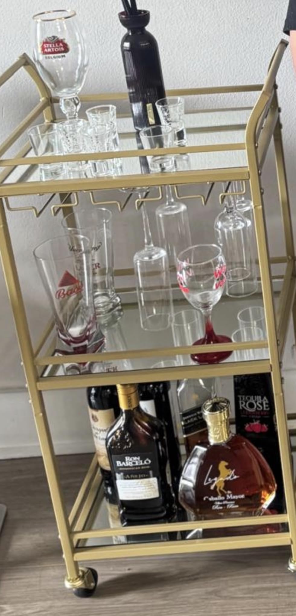 VASAGLE Bar Cart, Home Bar Serving Cart, Small Bar Serving Cart with 3-Tier Shelf, Wine Holders, Glass Holders, Mini Bar Cart for Small Spaces, Kitchen, Dining Room, Living Room, Pale Gold customer photo 2