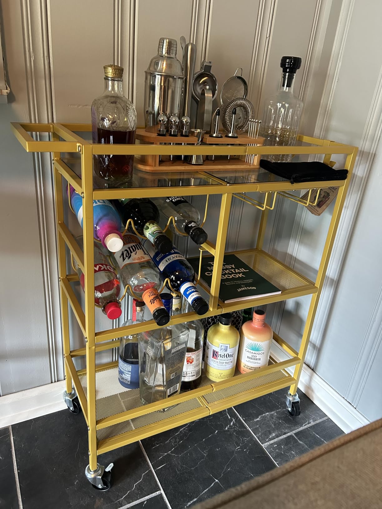 MAHANCRIS Bar Cart for Home, 3-Tier Serving Cart with Wheels and Handle, Beverage Cart with Wine Rack and Glass Holders, Rolling Wine Cart for Kitchen, Dining Room, Gold customer photo 2