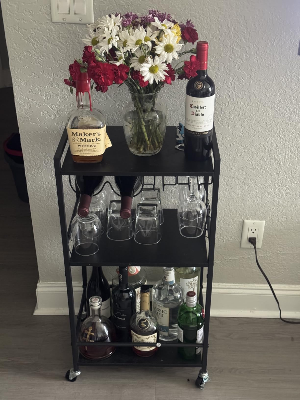 TUTOTAK Bar Cart, Home Bar Serving Cart with 3-Tier Shelf, Drink Cart with Wine Rack, Glass Holder, Rolling bar carts for the Home, Living Room, Brown customer photo 1
