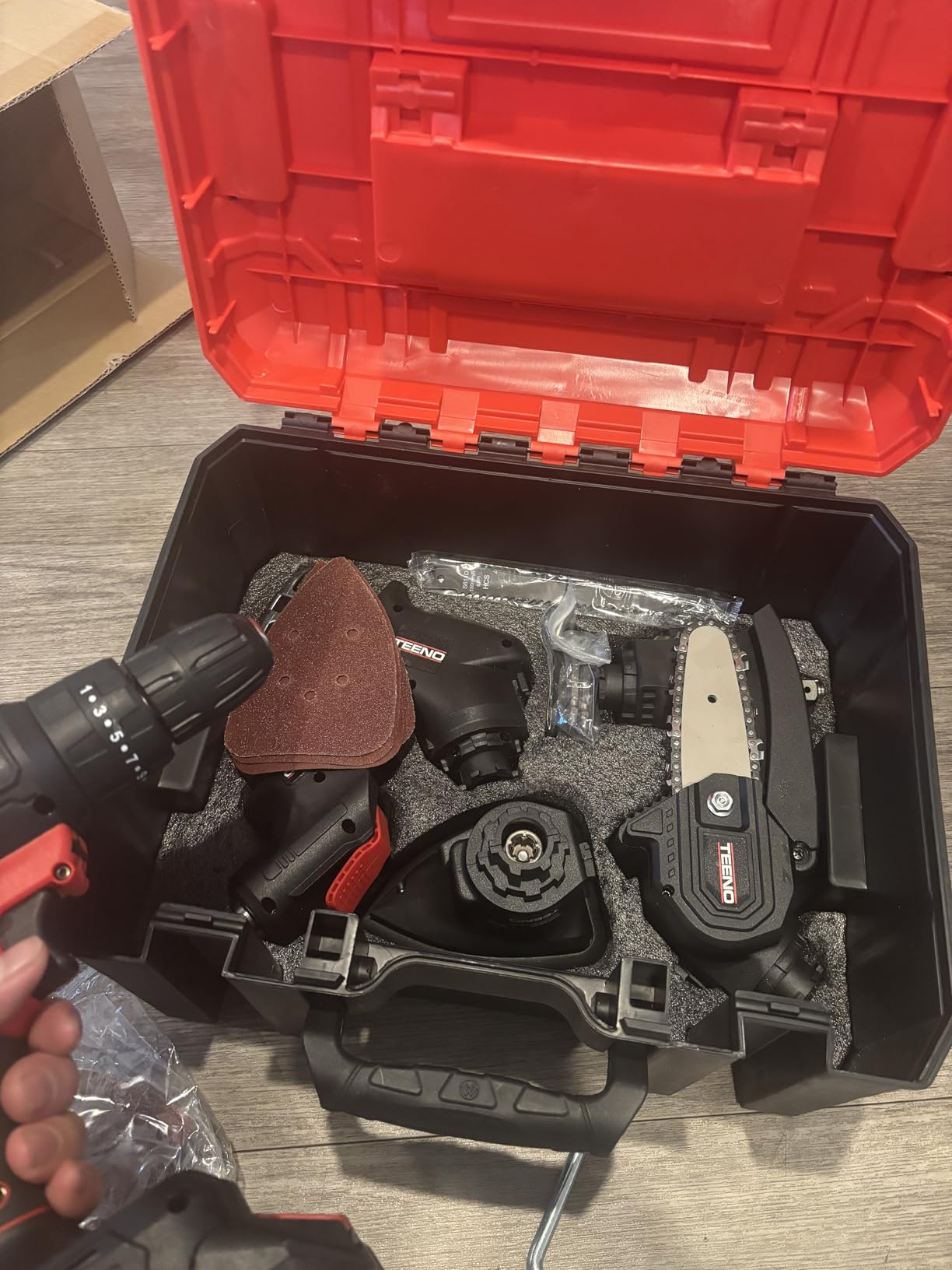 TEENO Brushless Power Tool Combo Kit, 6-in-1 Cordless Interchangeable Multi-Tool Set (Drill, Impact Wrench, Oscillating Tool, Reciprocating & Chain Saws, Sander), 3Ah Battery, USB Adapter & Hard Case customer photo 1