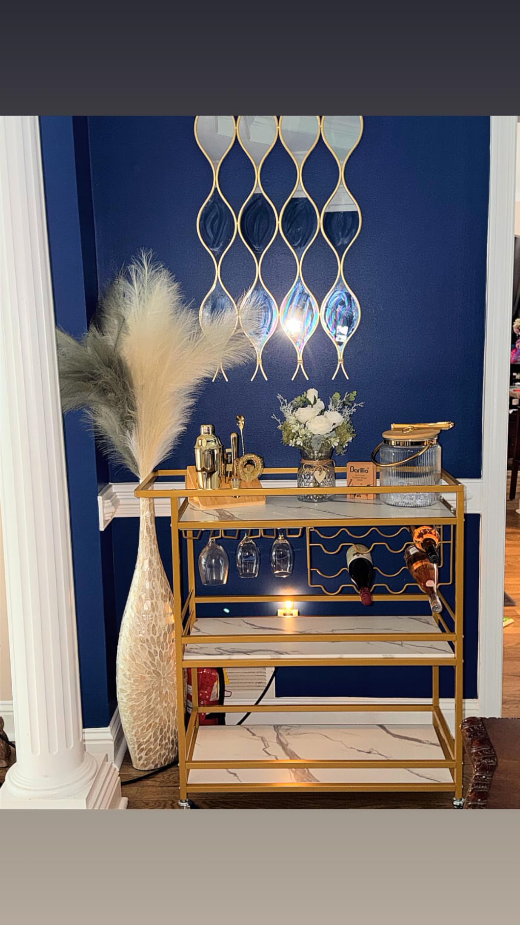 Leteuke Bar Cart for Home, 3 Tier Gold Serving Rolling Carts with Wheels, Drink Cart, Liquor Stand with Marbled Wooden Shelves, Wine Rack and Glass Holder customer photo 1
