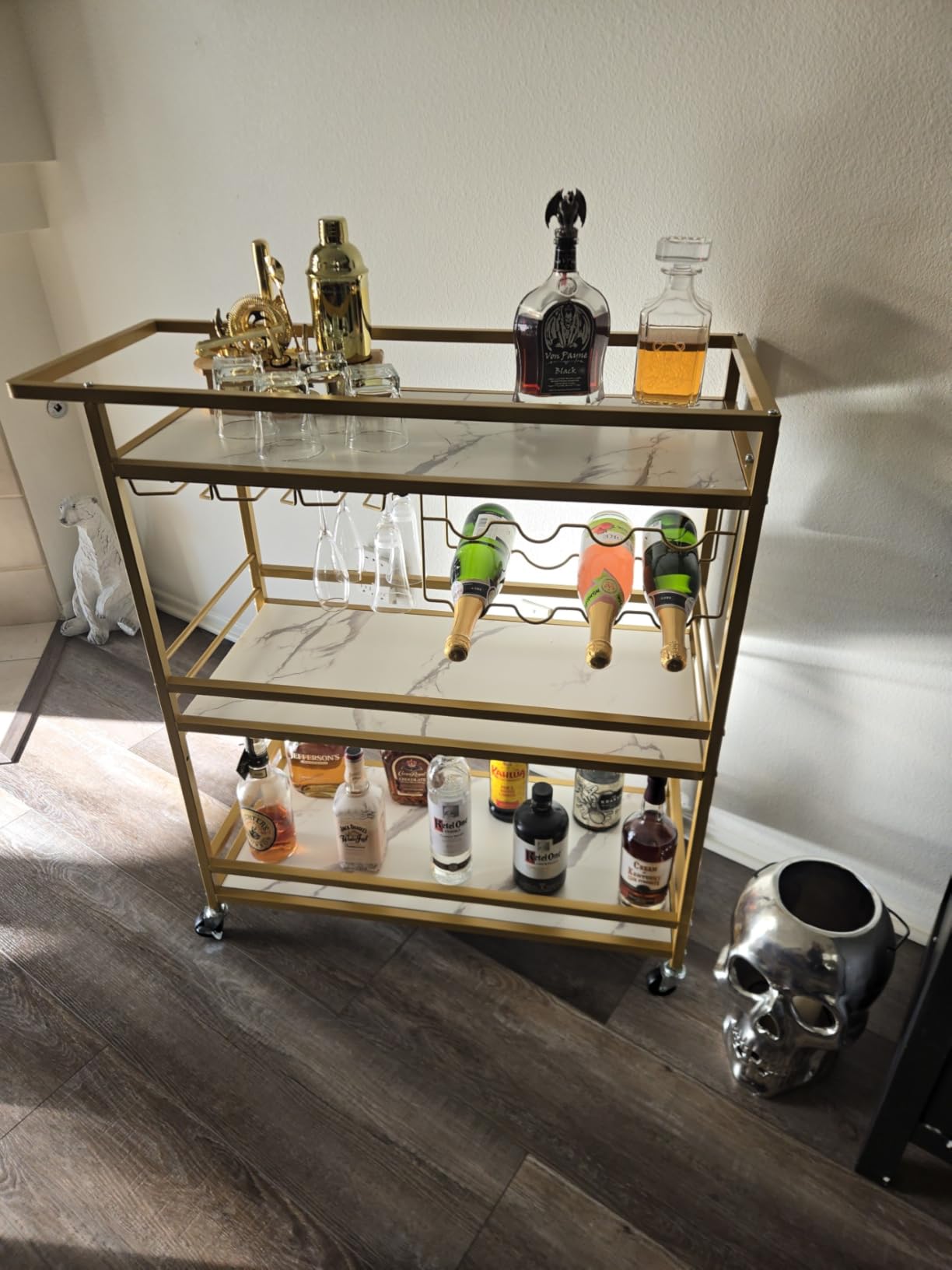 Leteuke Bar Cart for Home, 3 Tier Gold Serving Rolling Carts with Wheels, Drink Cart, Liquor Stand with Marbled Wooden Shelves, Wine Rack and Glass Holder customer photo 2