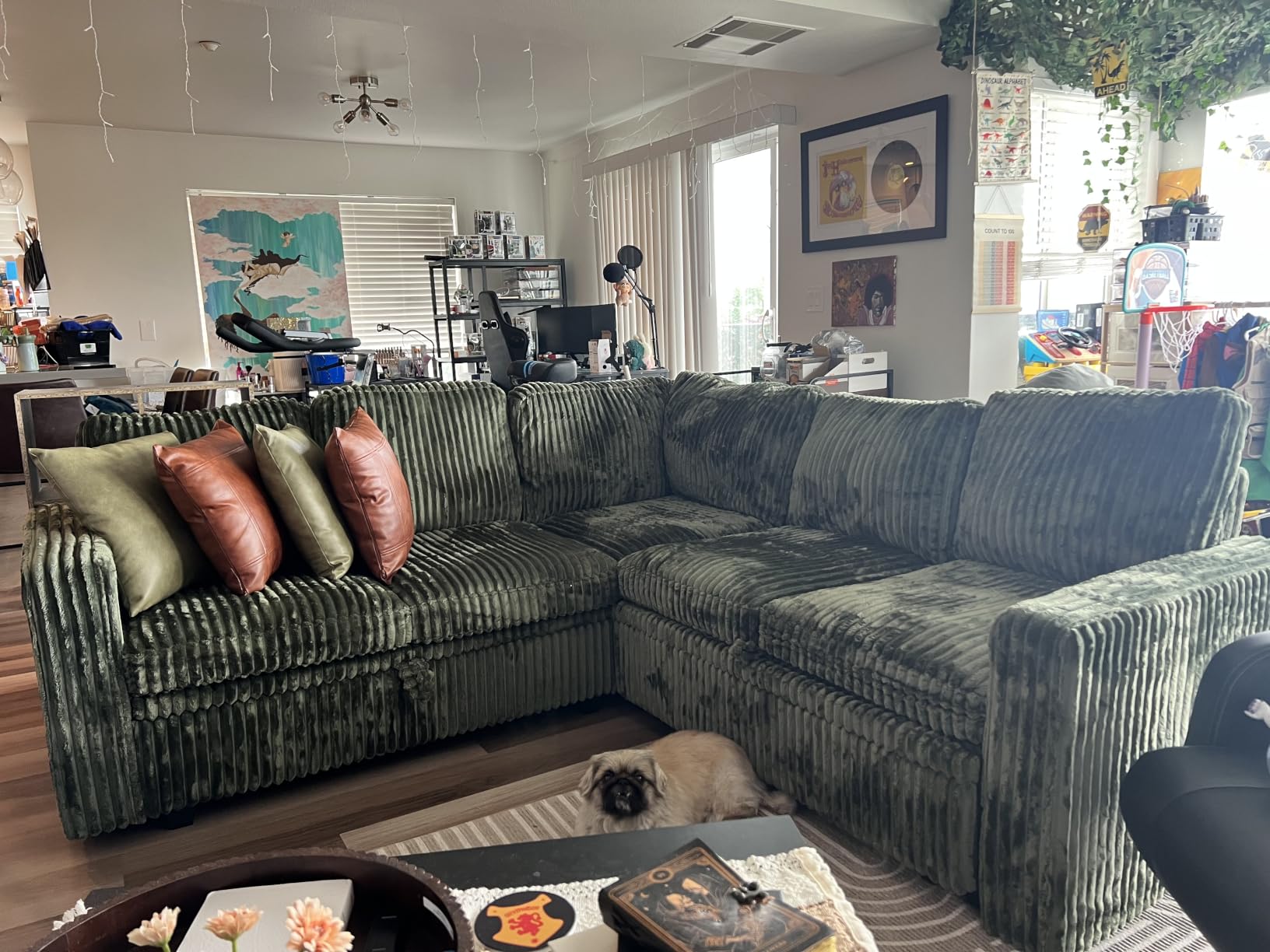 HONBAY Modular Sectional Sleeper Sofa with Pull Out Bed, Corduroy L Shaped Couch with Storage, Sectional Couches for Living Room, Green customer photo 1
