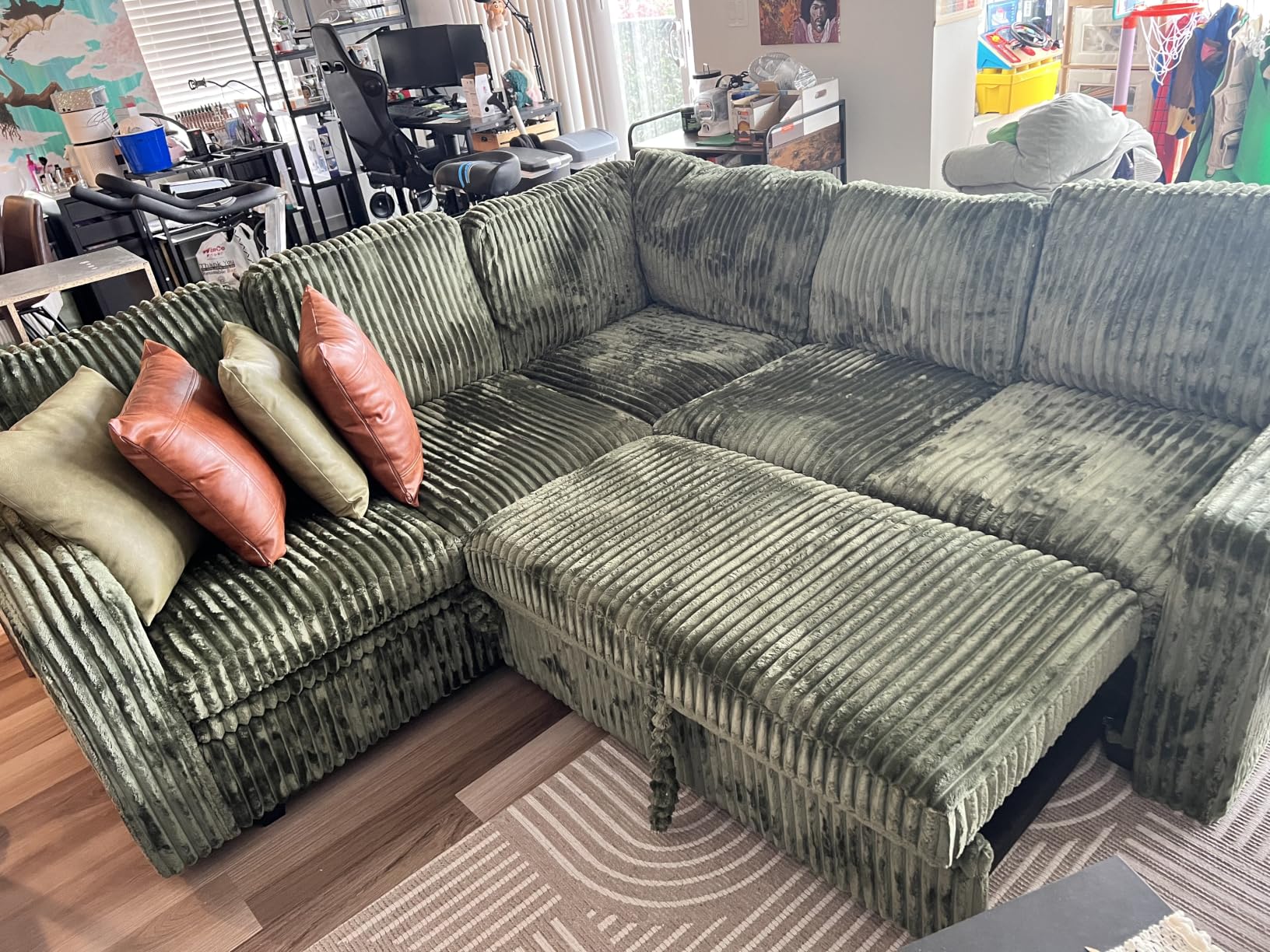 HONBAY Modular Sectional Sleeper Sofa with Pull Out Bed, Corduroy L Shaped Couch with Storage, Sectional Couches for Living Room, Green customer photo 2
