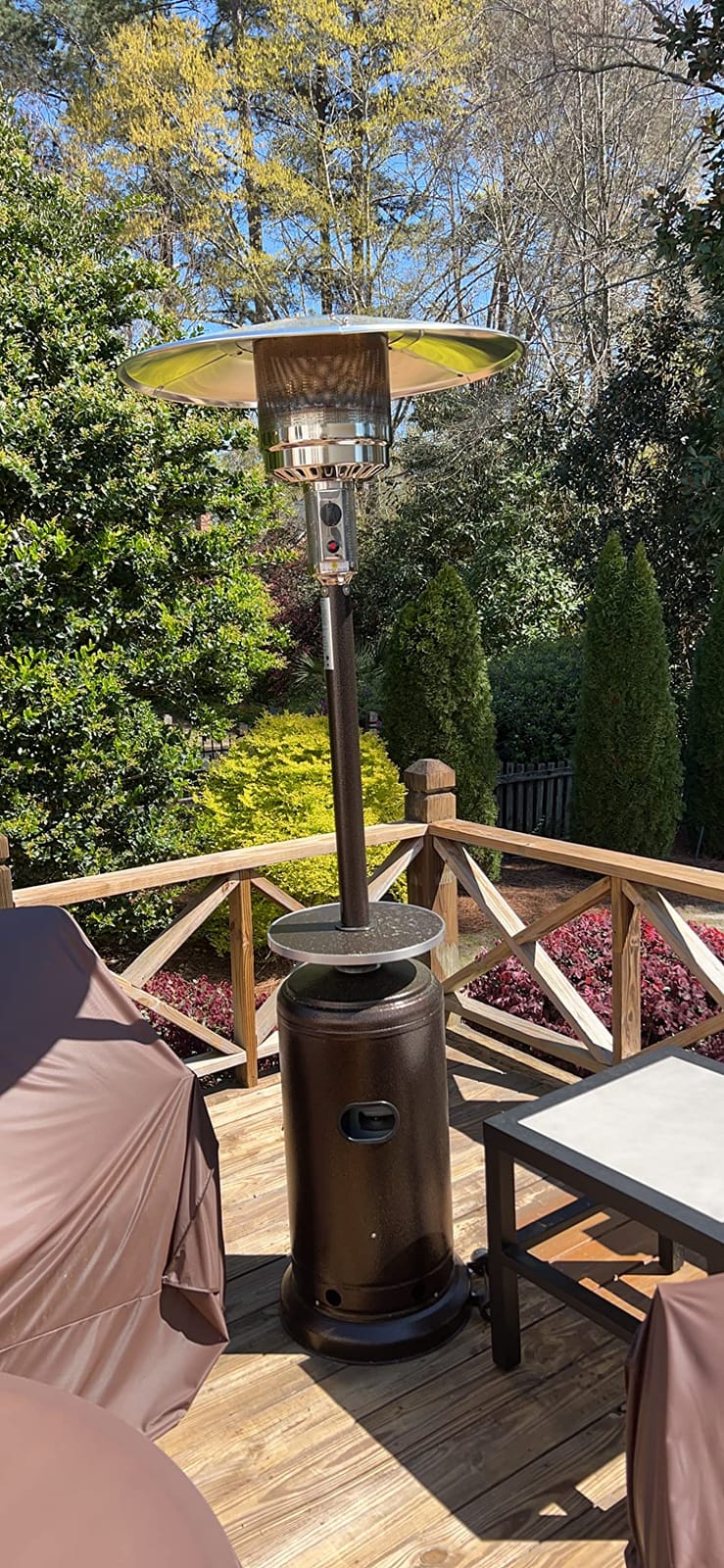 AZ Patio Outdoor Propane Gas Patio Heater, 48K BTU's, Open Door Design, Adjustable Table, Single pole, Weight Bladder Included, Regulator and Hose, Hammered Bronze Finish customer photo 2