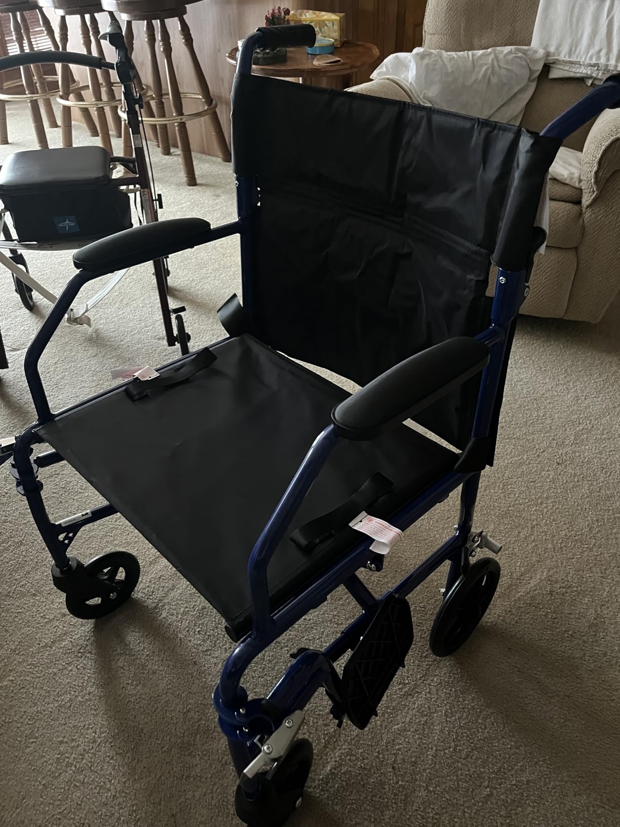 Medline Ultra Lightweight Transport Wheelchair for Adults, Foldable, 19-Inch Seat Width, Blue Frame, Black Upholstery customer photo 1