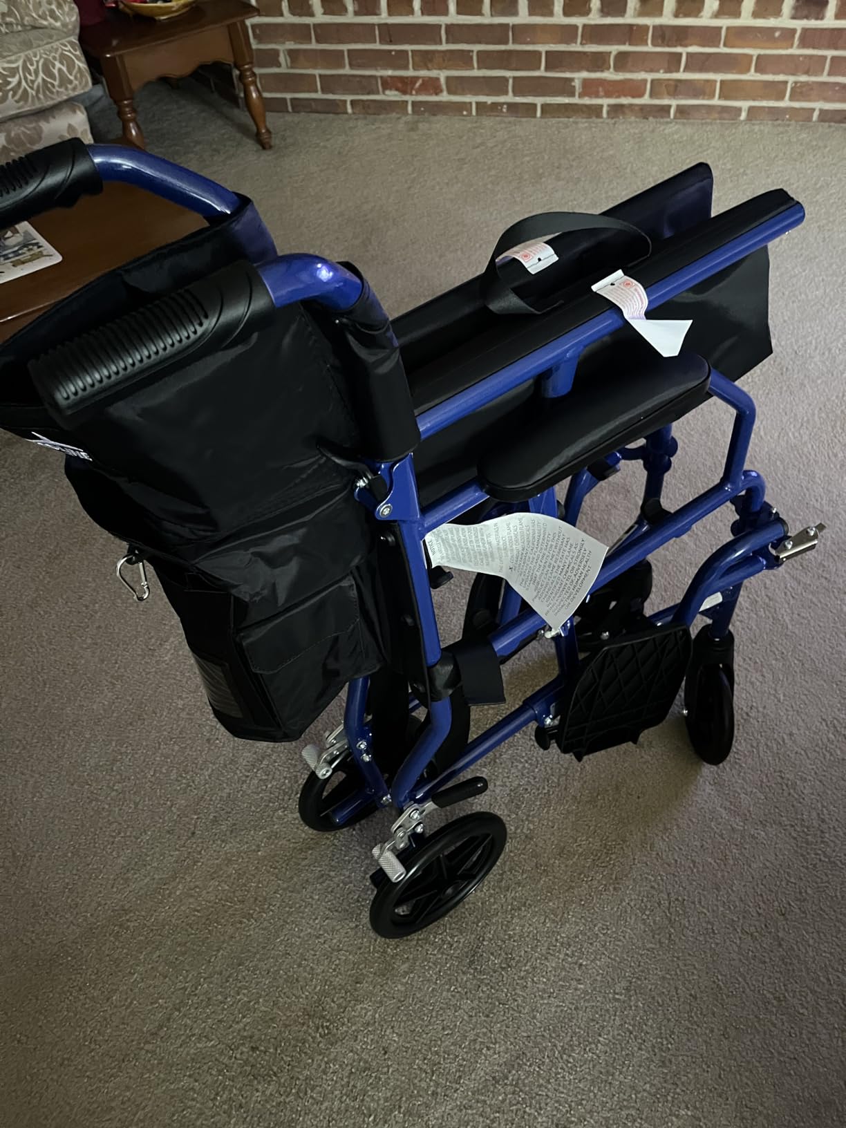Medline Ultra Lightweight Transport Wheelchair for Adults, Foldable, 19-Inch Seat Width, Blue Frame, Black Upholstery customer photo 2