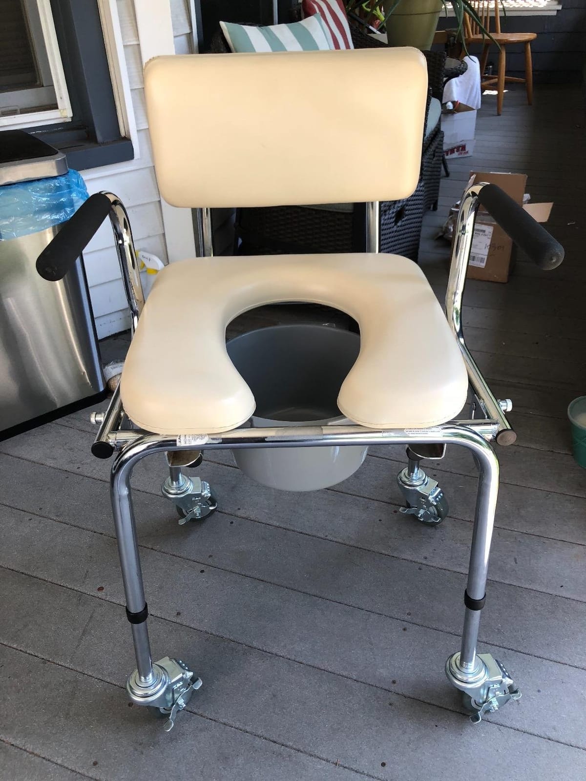 Medline Drop Arm Commode with Padded Seat and Backrest, Durable Toilet Chair for Adults and Seniors, Removable Pail, Splash Guard, Drop Down Arms for Easy Transfer, 350 lb. Weight Capacity, Tan customer photo 2
