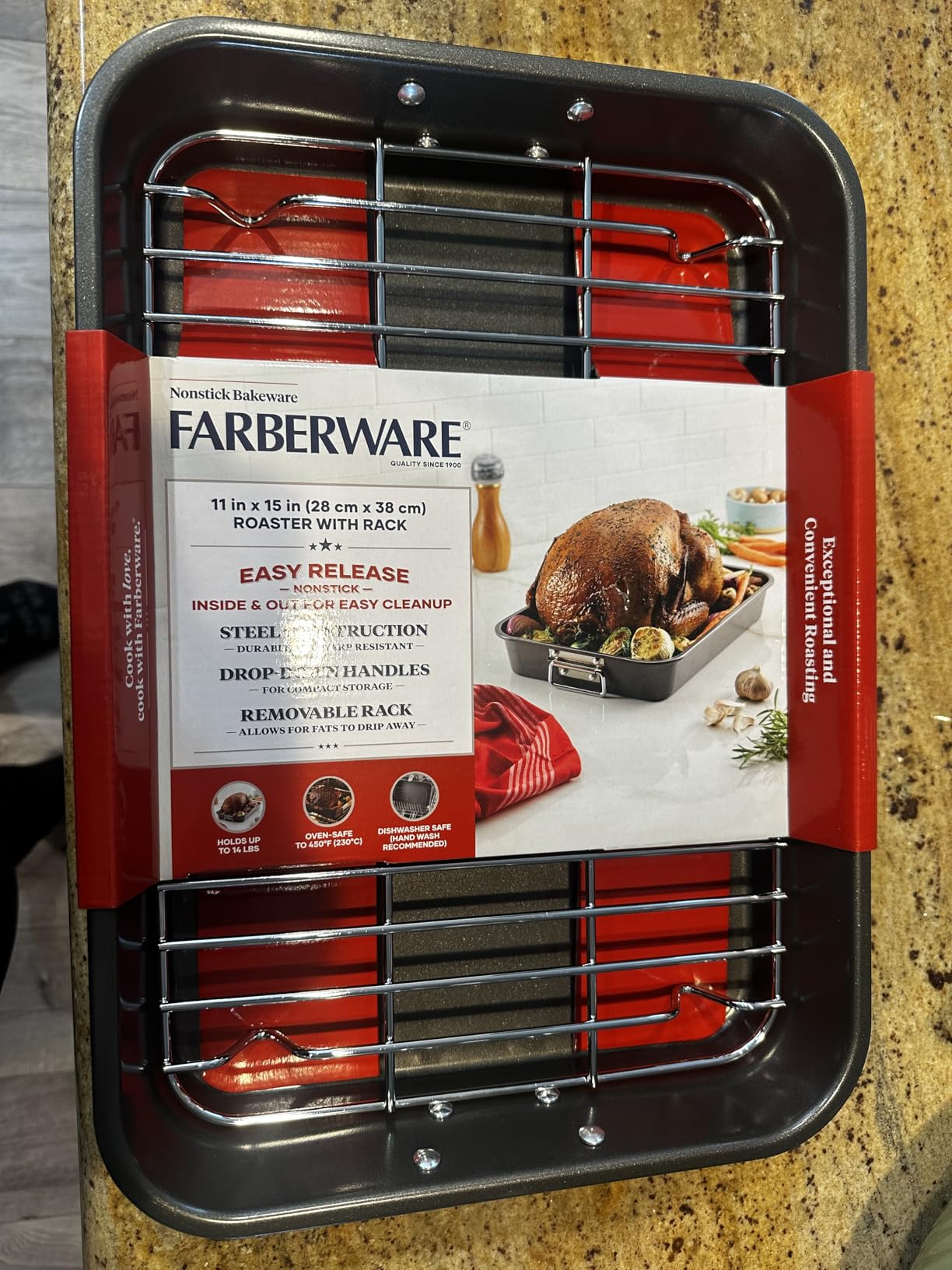 Farberware Bakeware Nonstick Roaster, Roasting Pan with Rack, Gray | Roast pan with flat rack, 11-inch x 15-inch, with easy cleaning and less sticking, warp-resistant roasting pan customer photo 1