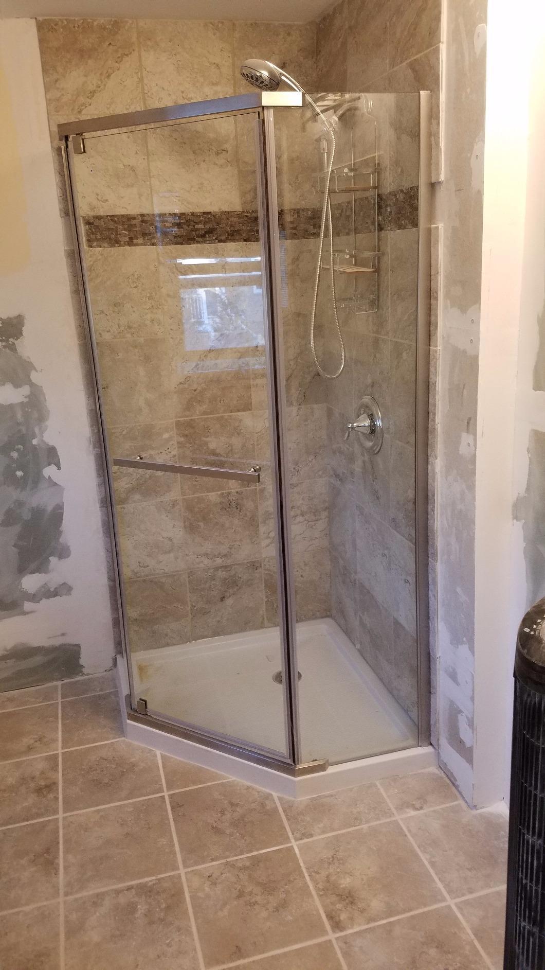 DreamLine Prism 34 1/8 in. x 72 in. Frameless Neo-Angle Pivot Shower Enclosure in Brushed Nickel customer photo 1