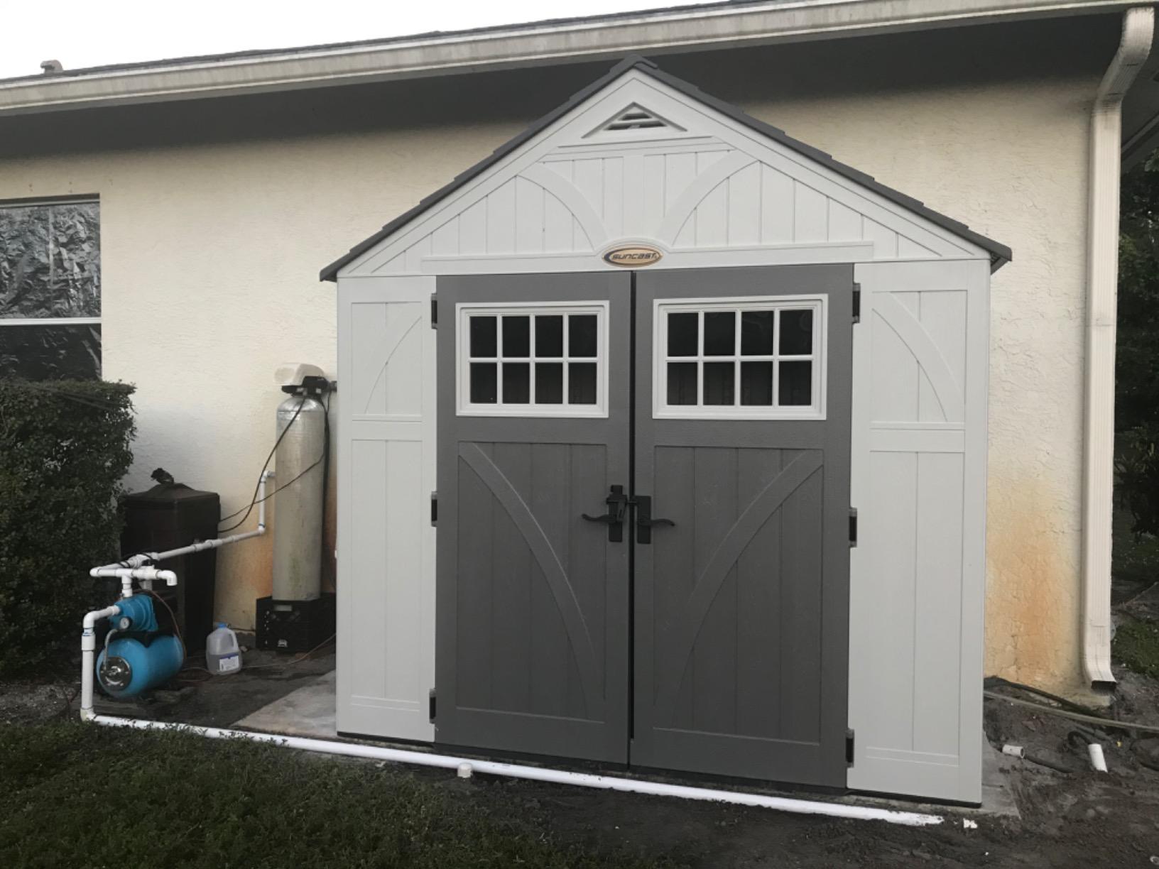 Suncast 8' x 4' Heavy-Duty Resin Tremont Storage Shed with Reinforced Floor, Skylights for Natural Light, Lockable Double Doors, Sand Finish customer photo 1
