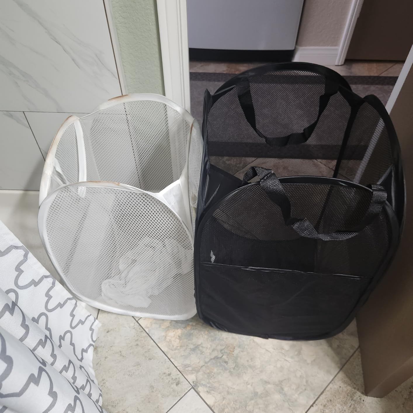 Handy Laundry Collapsible Mesh Pop-Up Hamper with Side Pocket | Breathable mesh keeps clothes fresh; sturdy foldable build saves space. Wide opening makes loading easy. Available in black. customer photo 2
