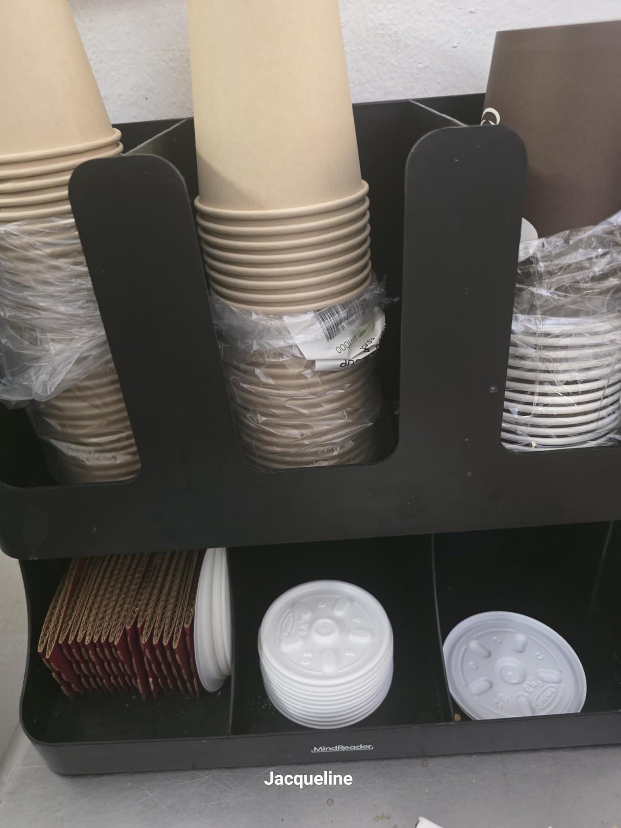 Mind Reader Condiment Station, 13 Inch Countertop Coffee Bar Organizer with 6 Compartments, Storage Caddy for Cups, Lids and Packets, Plastic, Black customer photo 1