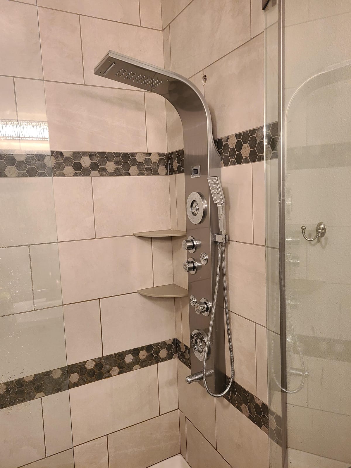 ELLO&ALLO Stainless Steel Shower Panel Tower System, LED Rainfall Waterfall Shower Head 6-Function Faucet Rain Massage System with Body Jets, Brushed Nickel customer photo 2